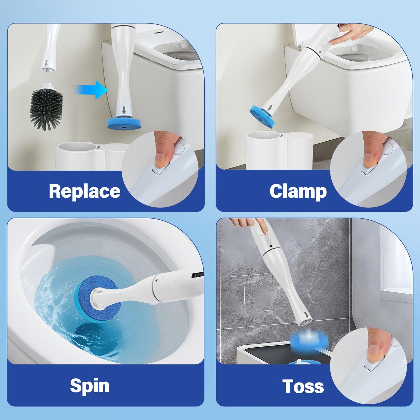 Electric Toilet Brush Scrubber and Holder Set,Electric Toilet Bowl Cleaning Kit with 8 Disposable Refill Heads,Hard Nylon Brush and Soft Silicone Brush
