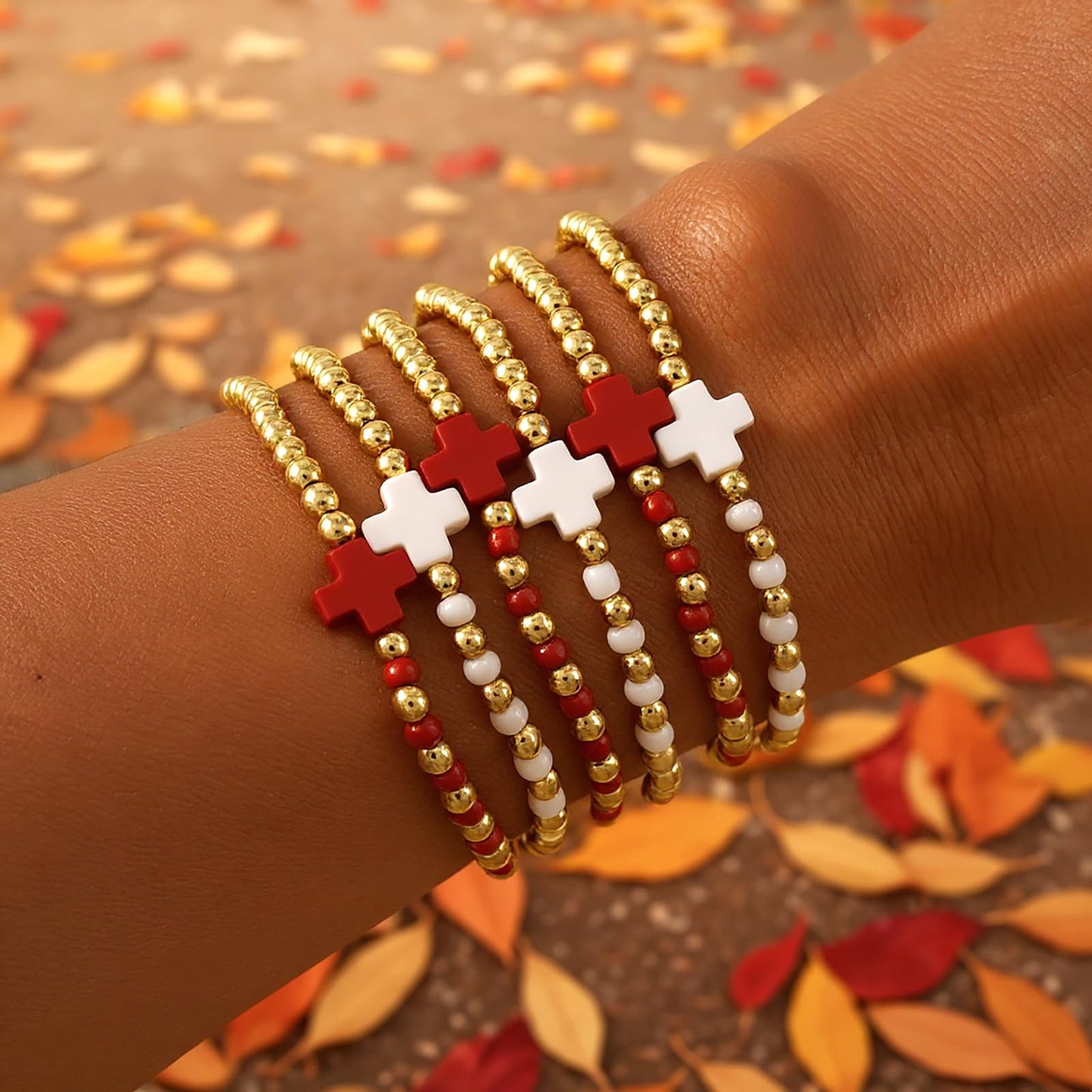 Bohxantium Gold Beaded Bracelets for Women Stackable Boho Gold Plated Red White Seed Beads Ball Cross Bracelets Stack Elastic Stretch Trendy Jewelry Accessories Non Tarnish Friendship Christian Gift