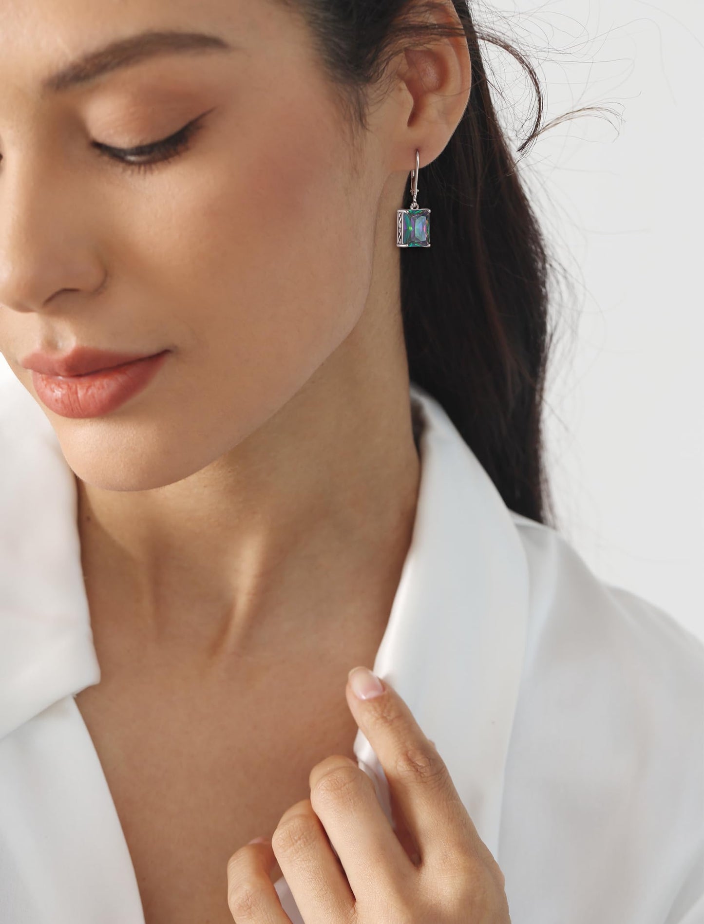 YL Solitaire Dangle Drop Earrings 925 Sterling Silver Leverback Earrings 8X10MM Square Created Alexandrite Jewelry