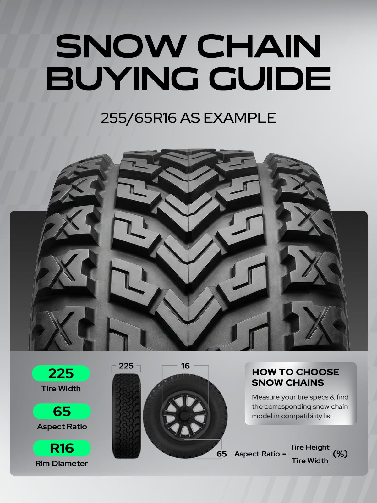 YHTAUTO Set of 2 Snow Chains 16mm for Pickup Truck SUV Passenger Car Universal Fit Tire Chains Auto-Tightening Quick Installation, Anti-slip Traction in Snow, Mud, Sand | SWC0006