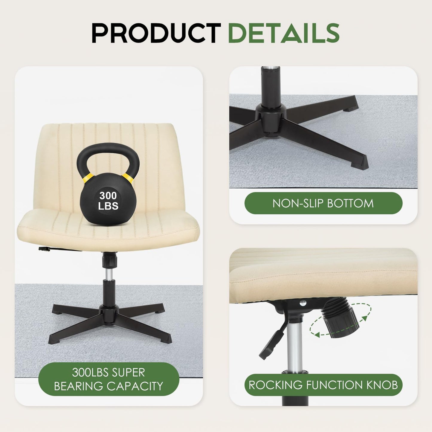 PayLessHere Criss Cross Chair,Armless Cross Legged Office Chair,Wide Comfty Desk Chair with No Wheels Modern Height Adjustable,Swivel Fabric Vanity Chair Computer Task Chair (Pack of 2, Beige)