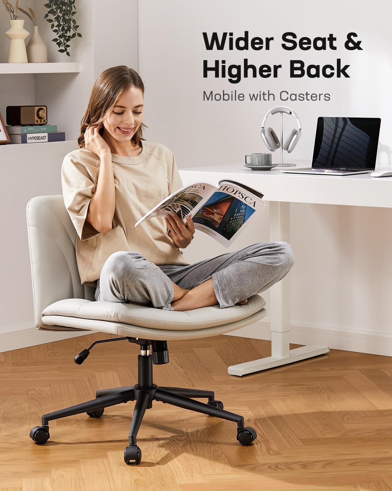 Marsail Armless-Office Desk Chair with Wheels: PU Leather Cross Legged Wide Chair,Comfortable Adjustable Swivel Task Chairs for Home,Office,Make Up,Small Space,Bed Room(Light Beige)