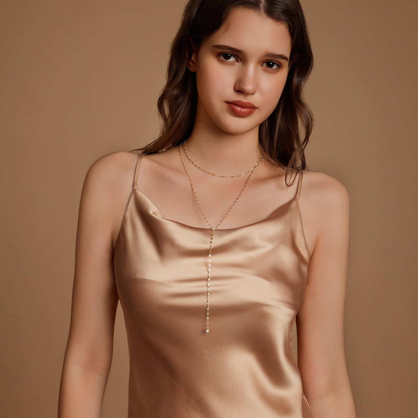 Airmb Lariat Gold Necklace for Women 14K Gold Plated Dainty Long Necklace Y-Shaped Drop Pendant Necklaces Choker Trendy Chain Simple Layered Necklaces CZ Jewelry for Women Set Gift