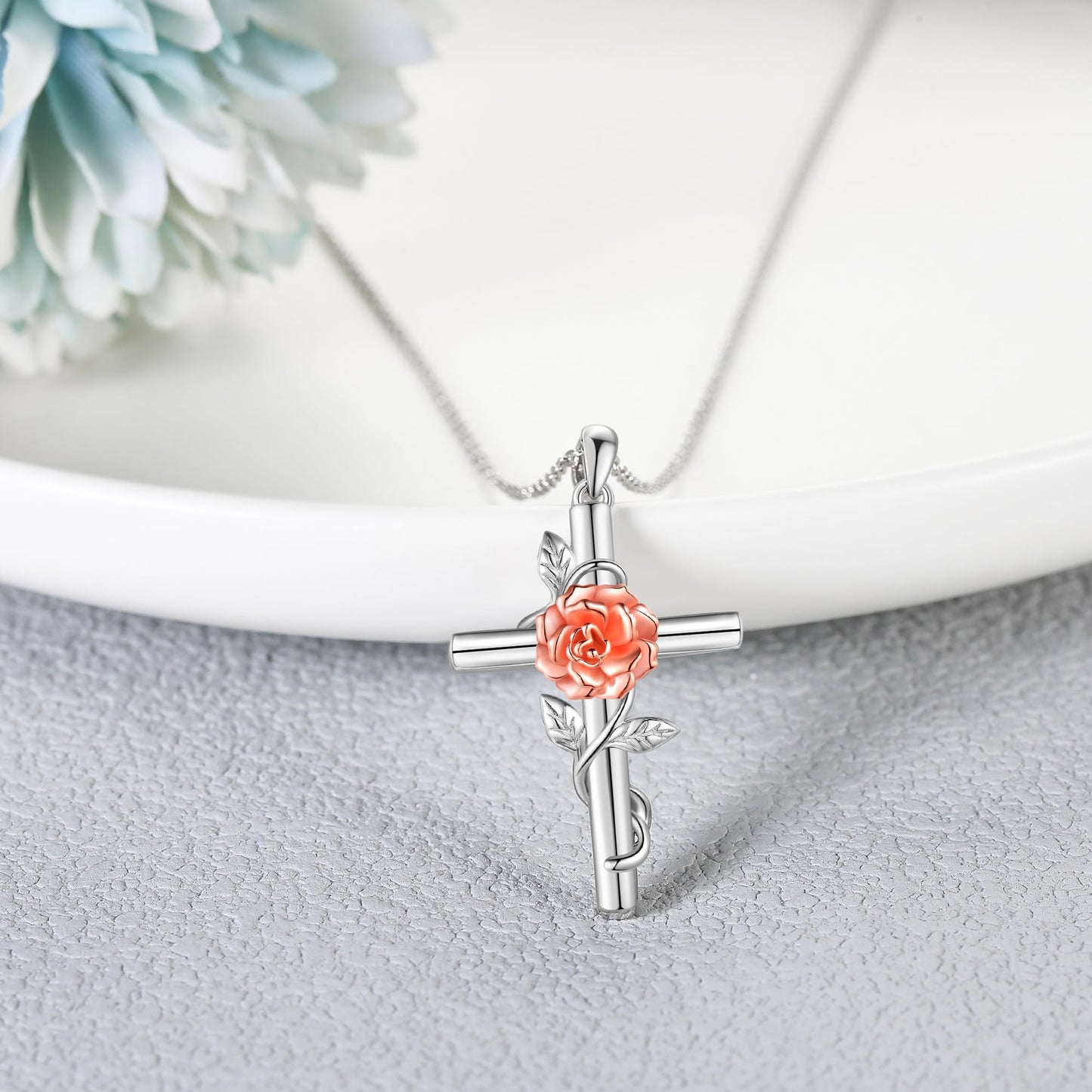 JERWLI Carnation Necklace 925 Sterling Silver Carnation Cross Necklace January Birth Flower Jewelry for Women