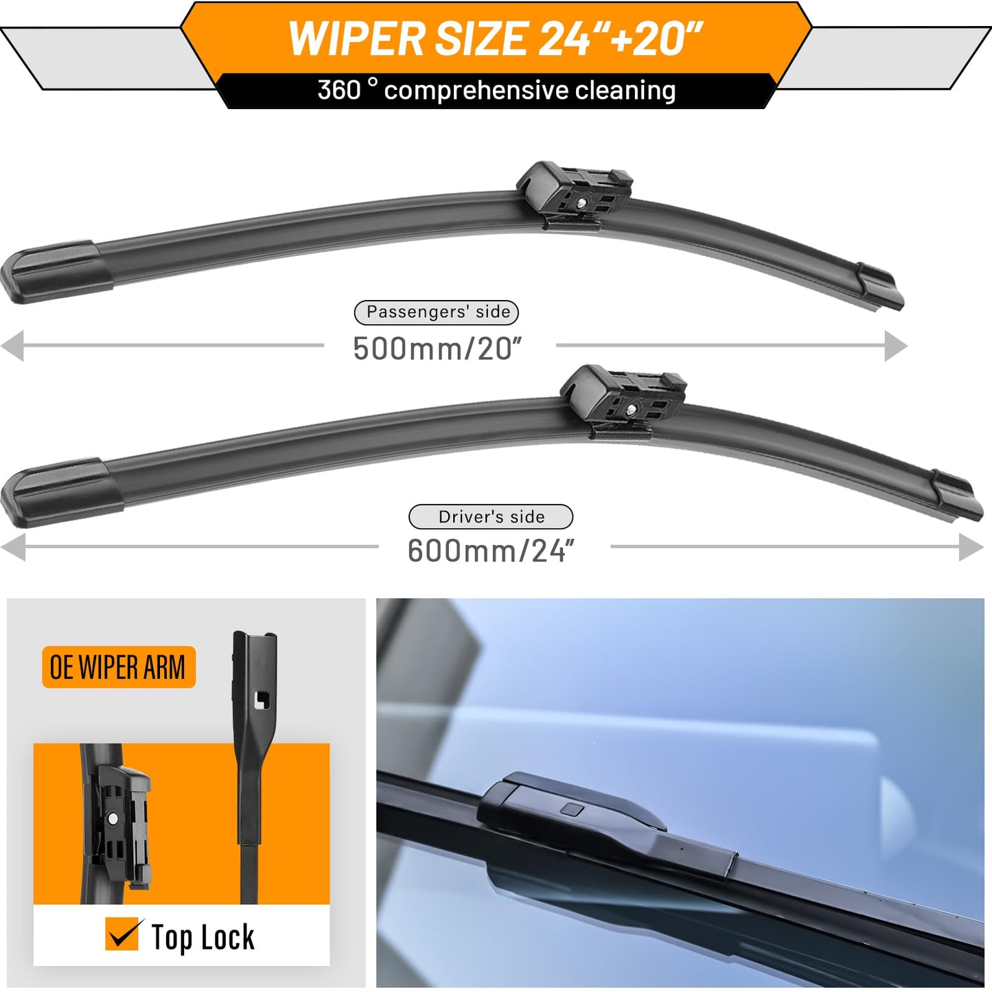 OEM Wiper Blades Replacement for Audi A4 Q5 Q3 A5 RS5 S5 allroad 2009-2020 Original Equipment Replacement Windshield Wipers 24 inch / 20 inch -Original Factory Quality (Set of 2) Top Lock 16mm