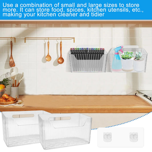 6Pcs Storage Organizer Bins Wall Mounted Organizer Basket Large Size Clear Plastic Makeup Organizer Adhesive Hanging Bin for Bathroom Kitchen Pantry