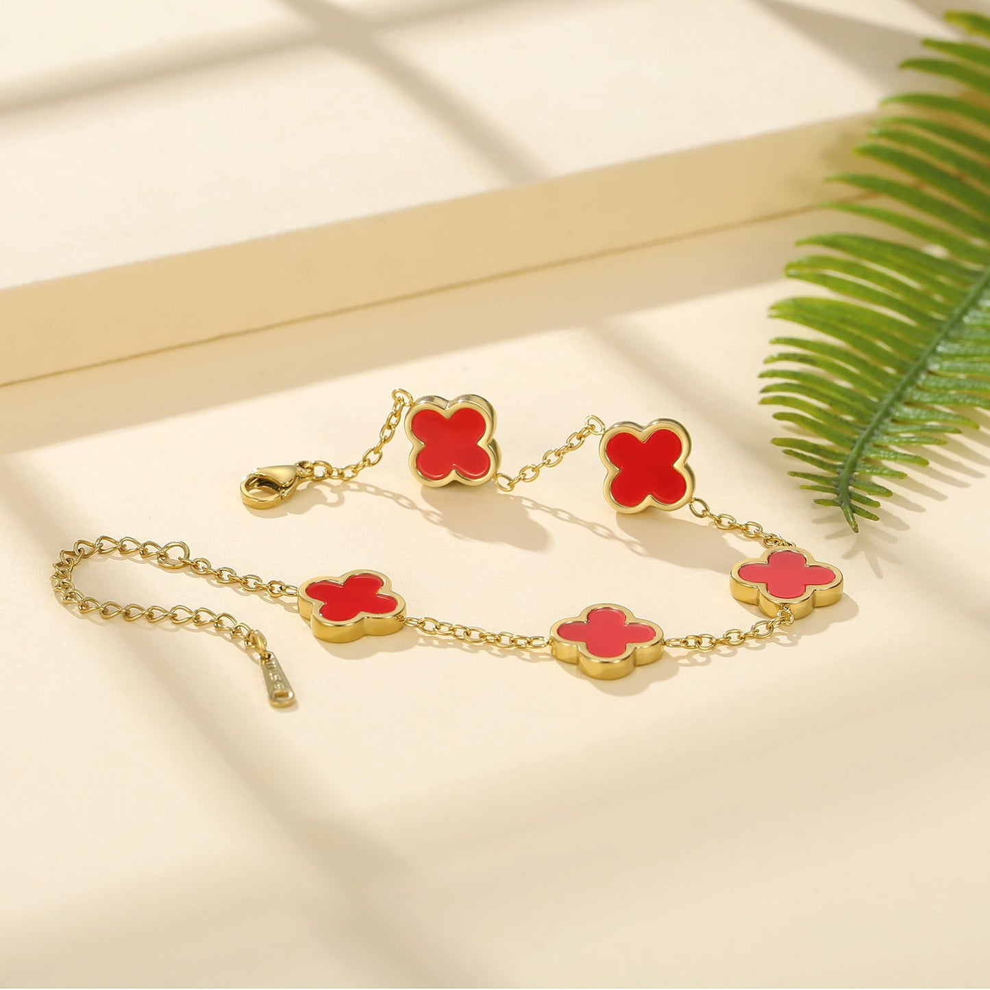 CORSMGSE 18K Gold Plated Clover Lucky Bracelet for Women Gold White Black Pink Green Red Blue Adjustable Double Sided Flower Four Leaf Link Bracelets Trendy Jewelry Gifts for Women Men