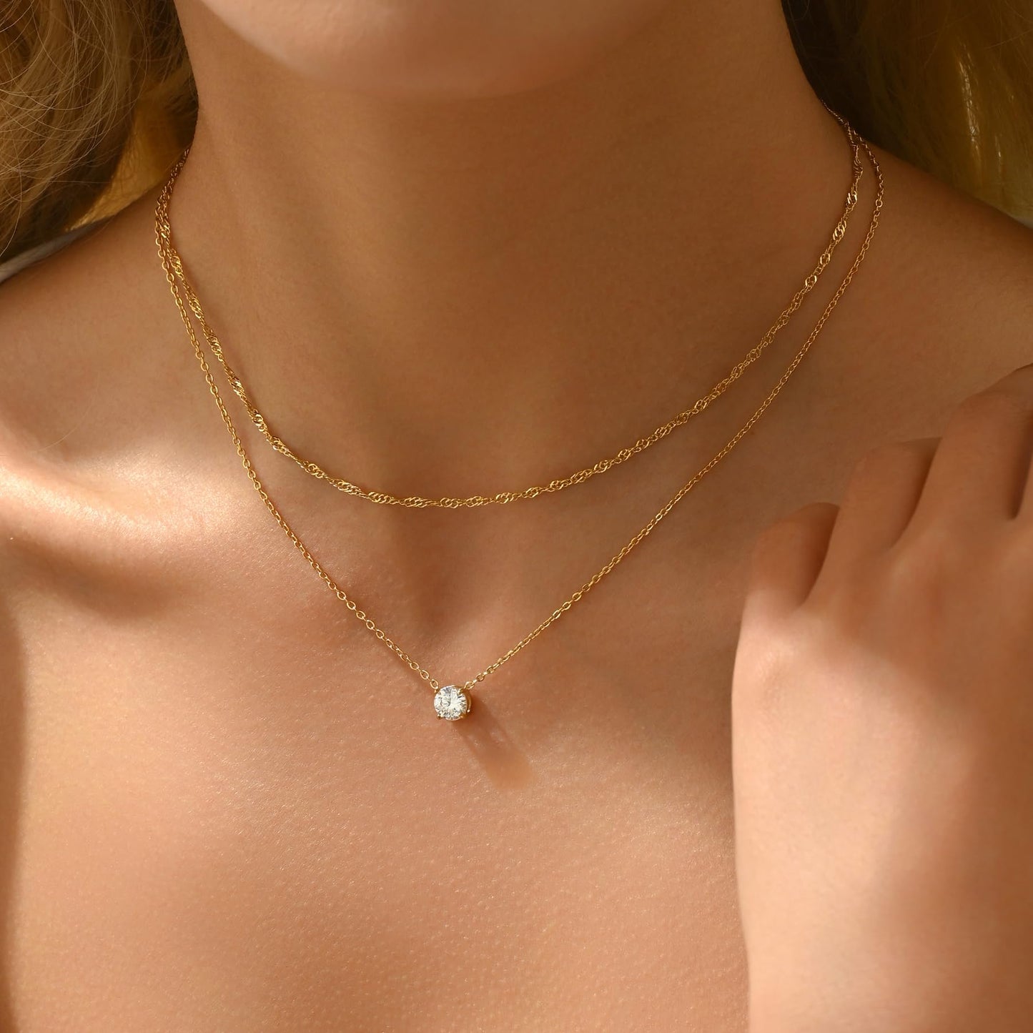 NONAMOIS 18K Gold Plated Twisted Singapore Chain Choker Necklace for Women Dainty Gold Layering Solitaire Cubic Zirconia Pendant Necklace Set Stainless Steel Non Tarnish Jewelry