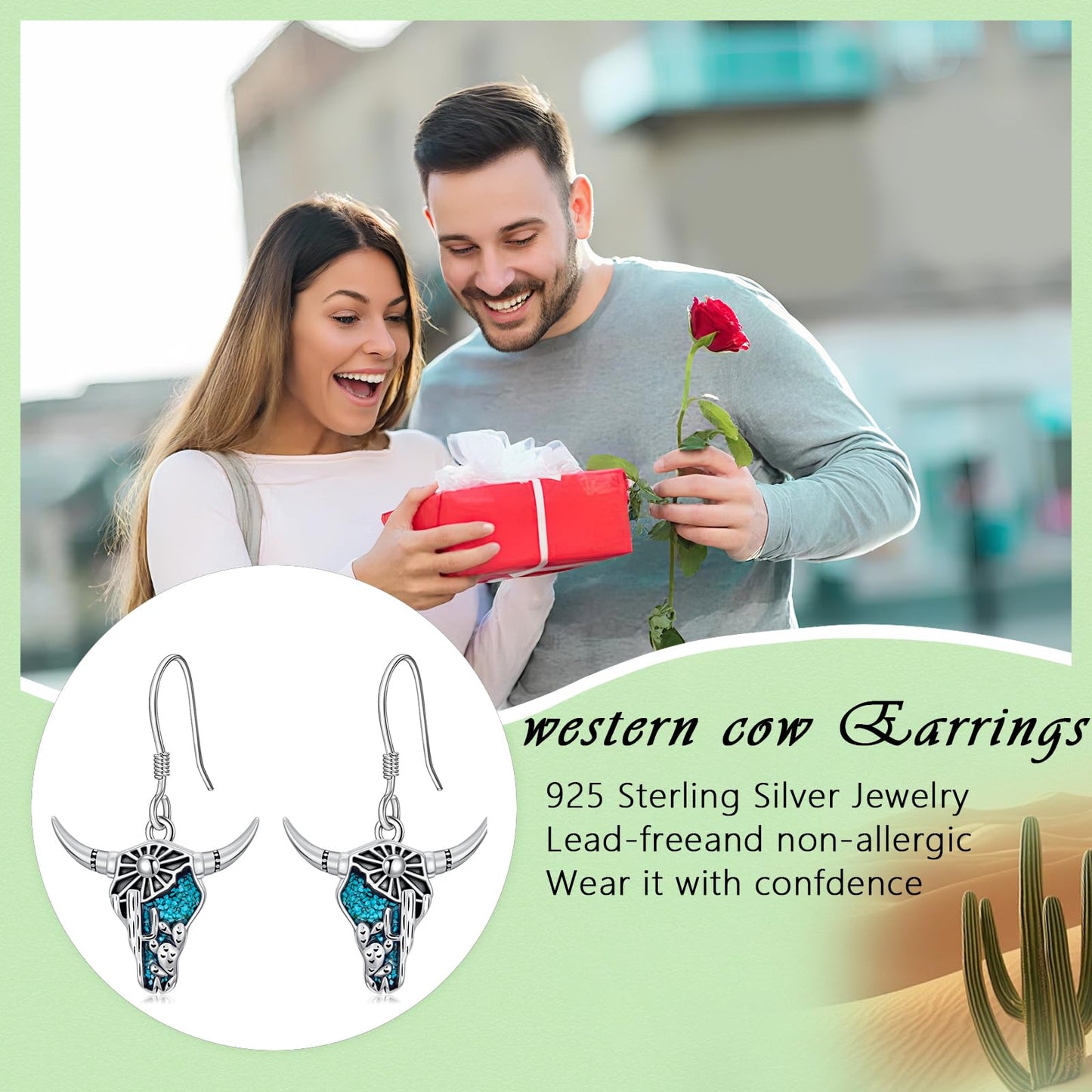 KoyeKei Cow Skull Earrings for Cowgirl Cowboy Sterling Silver Texas Longhorn Cactus Turquoise Dangling Drop Earrings Western Jewelry Country Christmas Graduation Gifts for Women