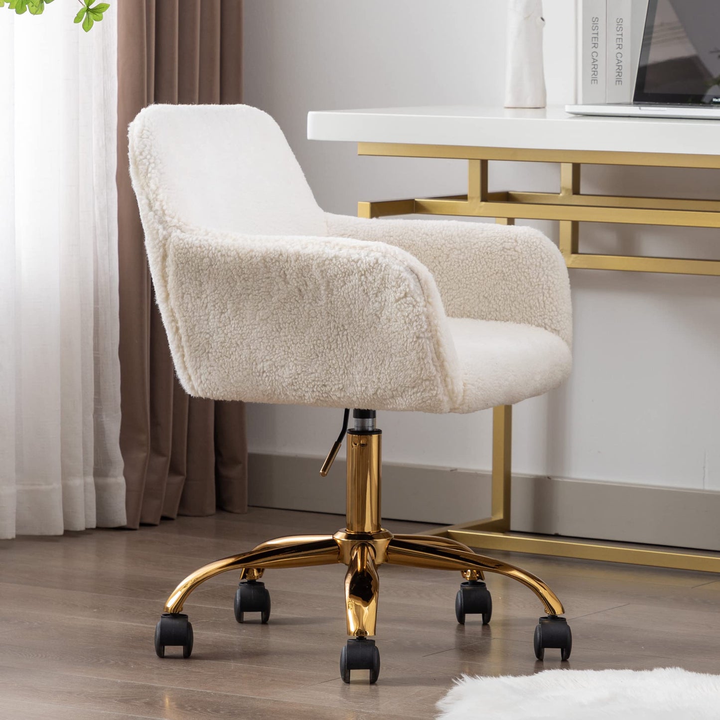 KCC Faux Fur Office Desk Chair, Comfy Swivel Armchair with Wheels, Upholstered Fuzzy Vanity Chair, Adjustable Height, White