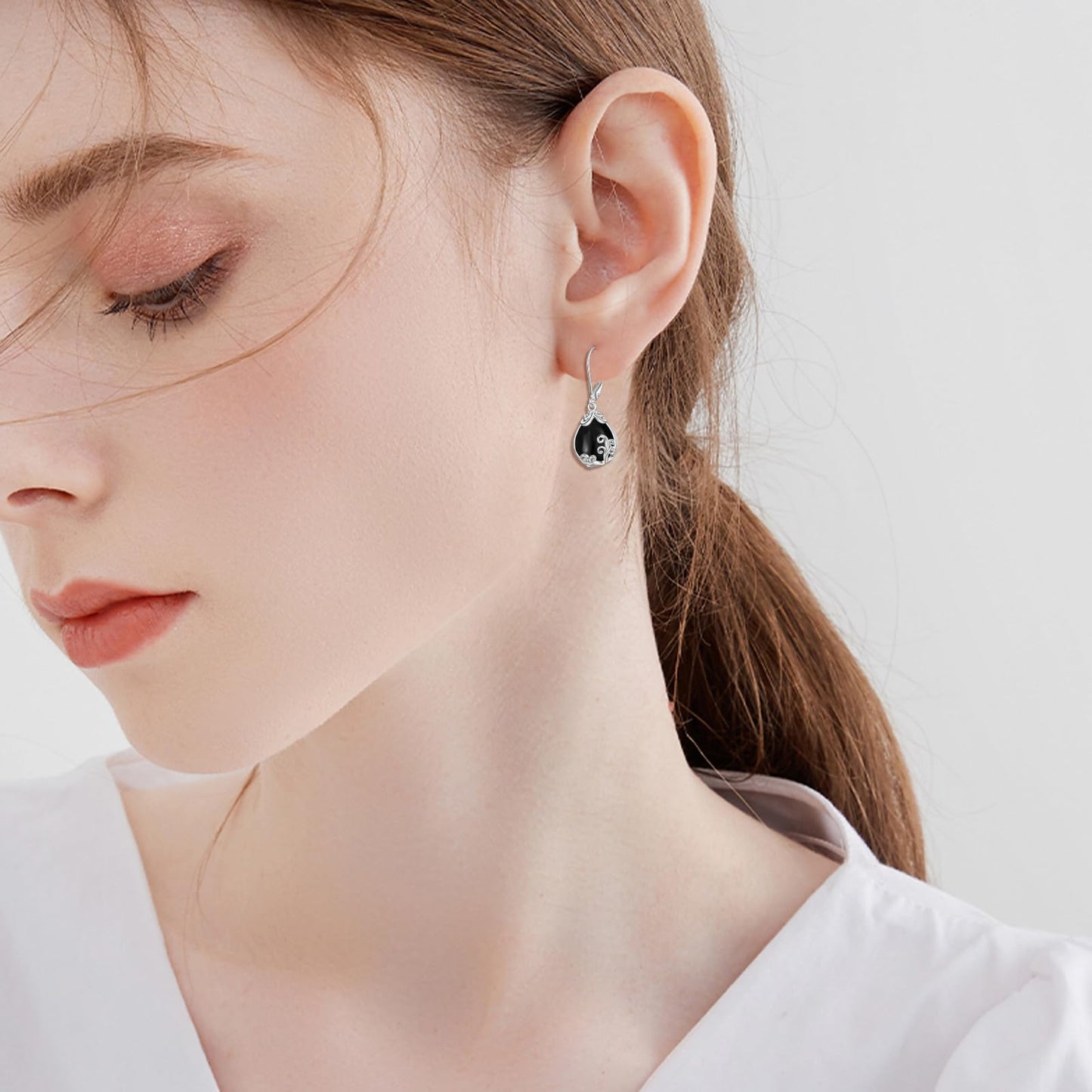 POPLYKE Black Tourmaline Filigree Teardrop Drop Dangle Earrings Sterling Silver Crystal Leverback Earrings Jewelry for Women