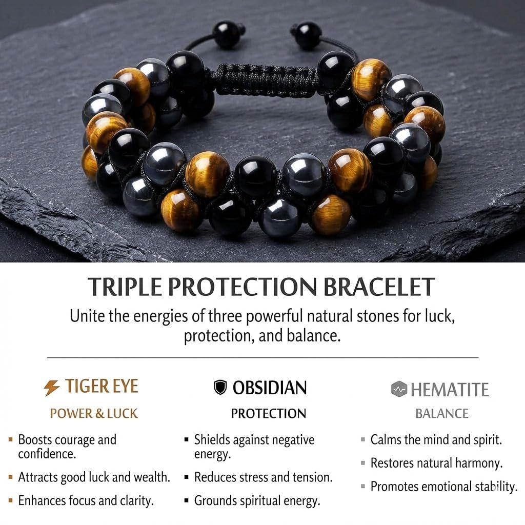 SFPJTL Triple Protection Bracelet for Men - 8mm Natural Tiger Eye Black Obsidian Hematite - Double Layer Adjustable Braided Stone Wristband - Stress Relief & Good Luck Gifts for Him Dad with Gift Box