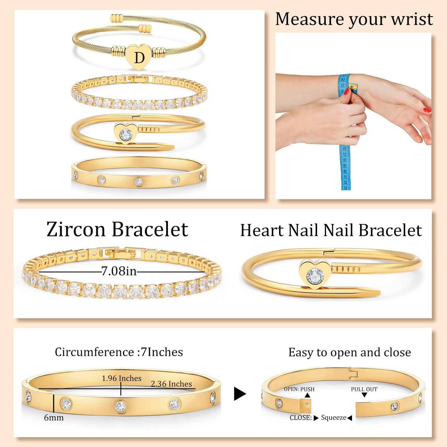 MEIERYA18K Gold Plated Nail love Bangle Bracelet Set for Women,Cubic Zirconia,Adjustable tennis bracelet Trendy Gift Jewelry for Mother's Day Anniversary (04-Style-D)