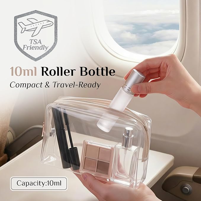 PrettyCare 4 Pack, 10 ml Essential Oil Roller Bottles with Stainless Steel Roller Ball - Refillable Leak-proof Empty Thick Frosted Glass Roll on Bottles with Silver Caps for Travel, Perfume