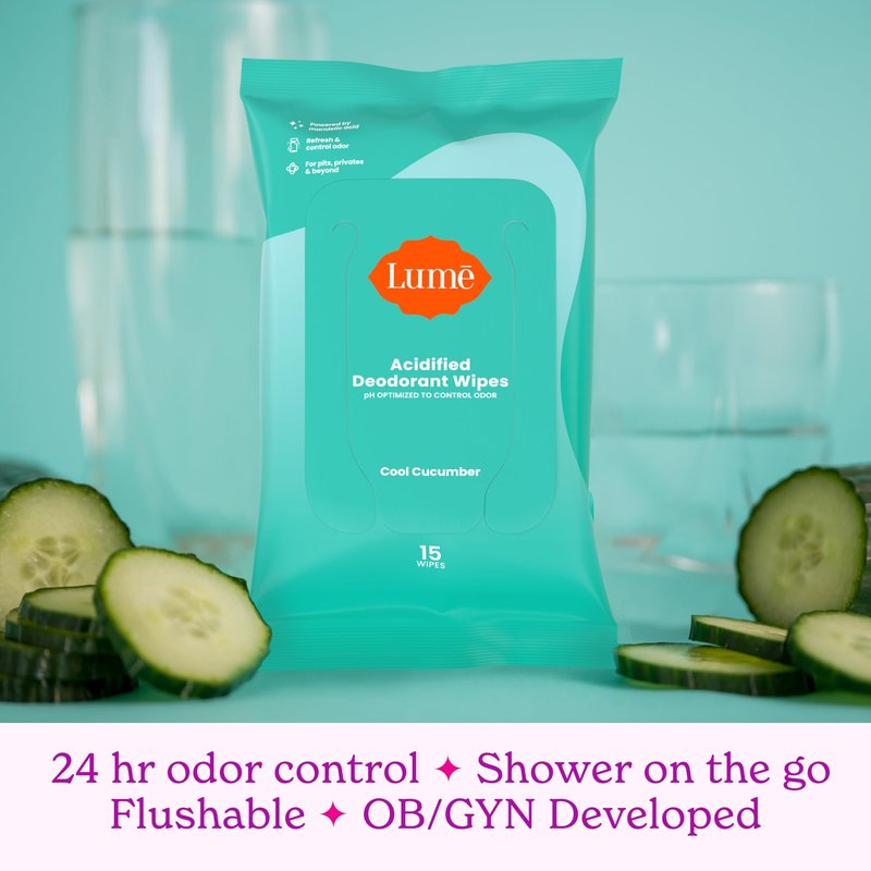 Lume Whole Body Deodorant - Invisible Cream Tube (Unscented) and Lume Acidified Deodorant Wipes (Cool Cucumber) - 24 Hour Odor Control - Aluminum Free, Baking Soda Free, Skin Loving
