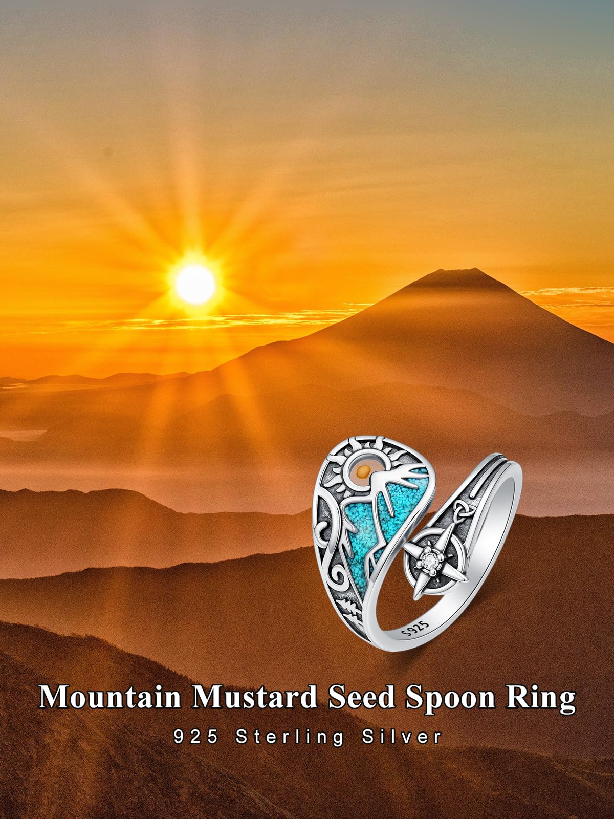Midari Mountain Mustard Seed Spoon Rings for Women 925 Sterling Silver Adjustable Turquoise Mustard Seed Faith Rings Sun Open Spoon Thumb Rings Faith Jewelry for Women Men Birthday Christmas Gifts