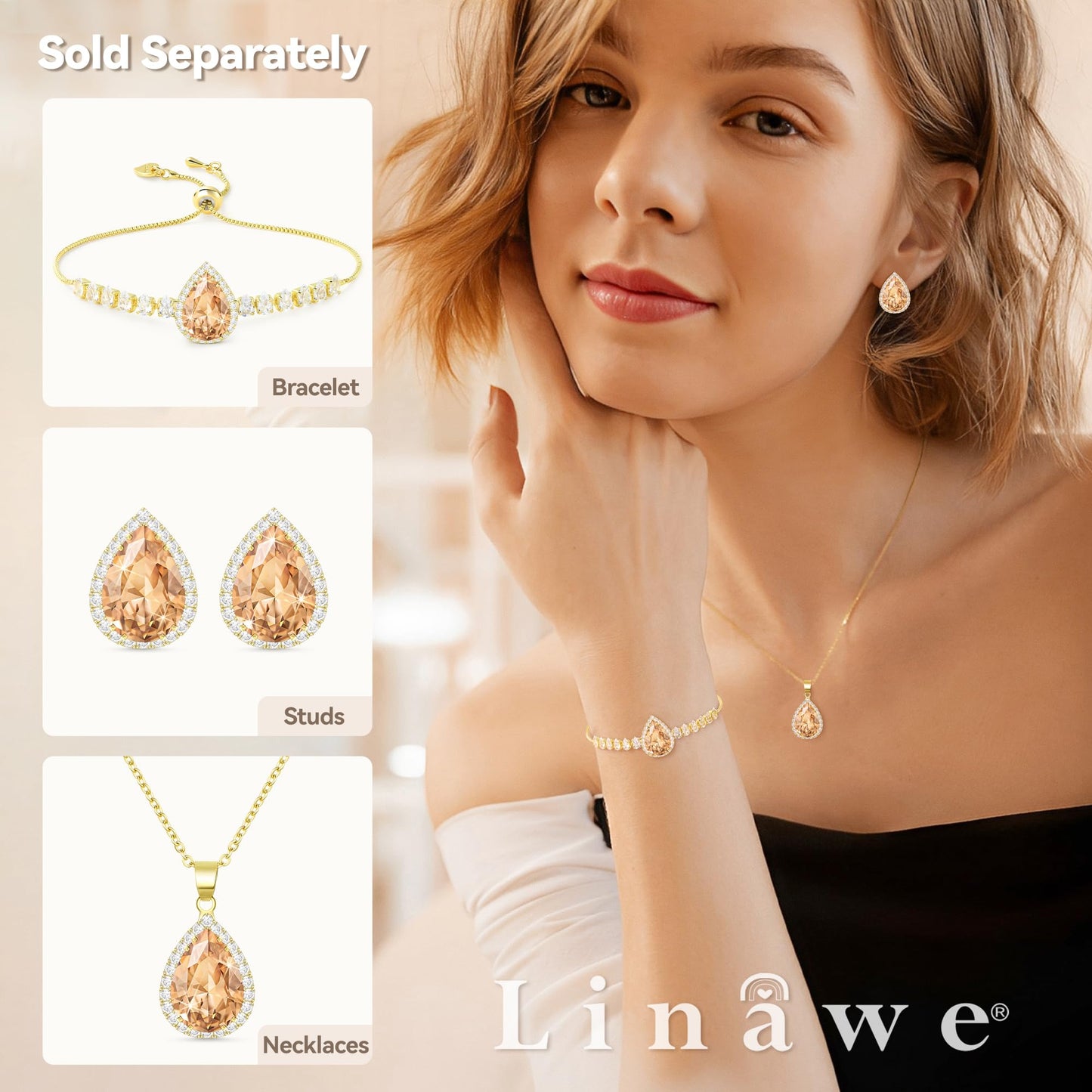 Linawe Gold Color Rhinestone Pendant Necklace for Women Trendy, Champagne Cubic Zirconia Crystal Fake Diamond Tear Drop Necklaces, Dainty Costume Simple Moissanite Gemstone Necklace