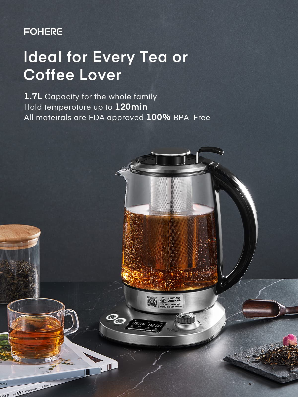 Electric Tea Kettle, 9 Temperature Control Presets Glass Kettle, 1200W Tea Pot with Removable Infuser, 2 Hours Keep Warm, 1.7 Liter Electric Kettles, Borosilicate Glass & Stainless Steel