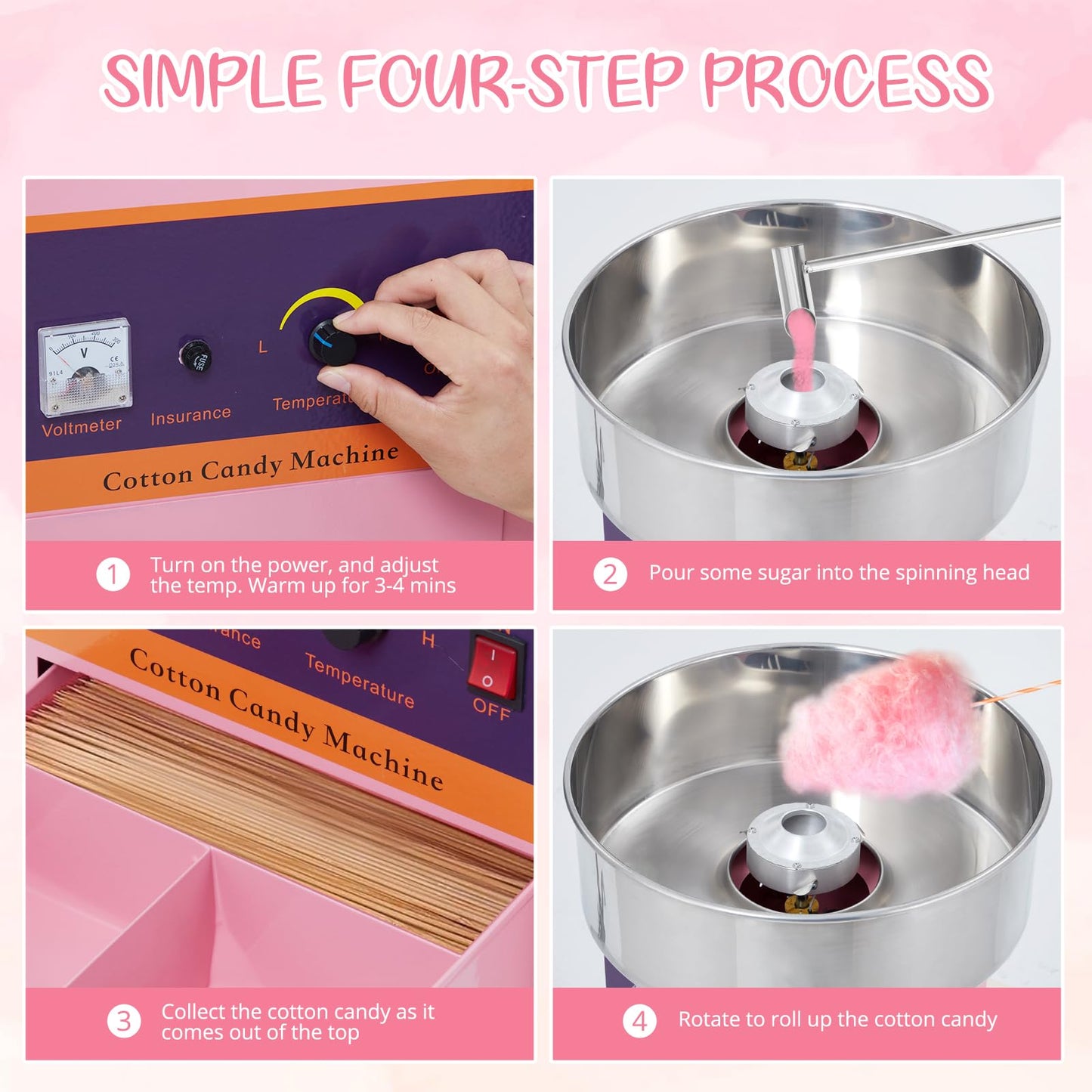 GAOMON Cotton Candy Machine Commercial, 1000W Electric Cotton Candy Machine, Cotton Candy Maker with Stainless Steel Bowl, Sugar Scoop, Storage Drawer, Perfect for Family Party, Kids Birthday, Pink