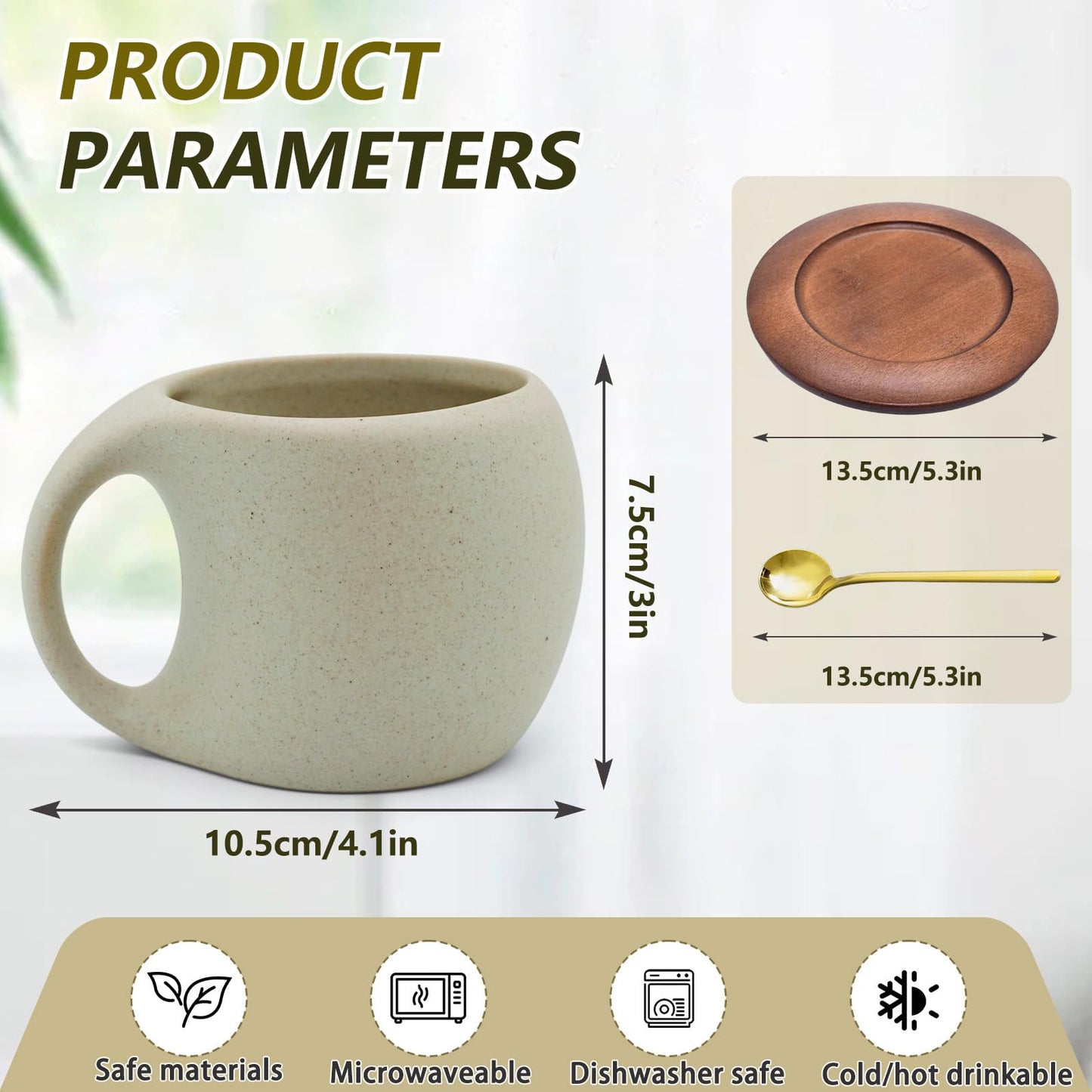 Ceramic Coffee Mug Set with Natural Wood Saucer & Spoon - 8.5 Oz Elegant Tea Cups for Latte, Hot Tea, Cappuccino, Milk - Microwave & Dishwasher Safe Cups for Men Women Birthday Christmas Gifts