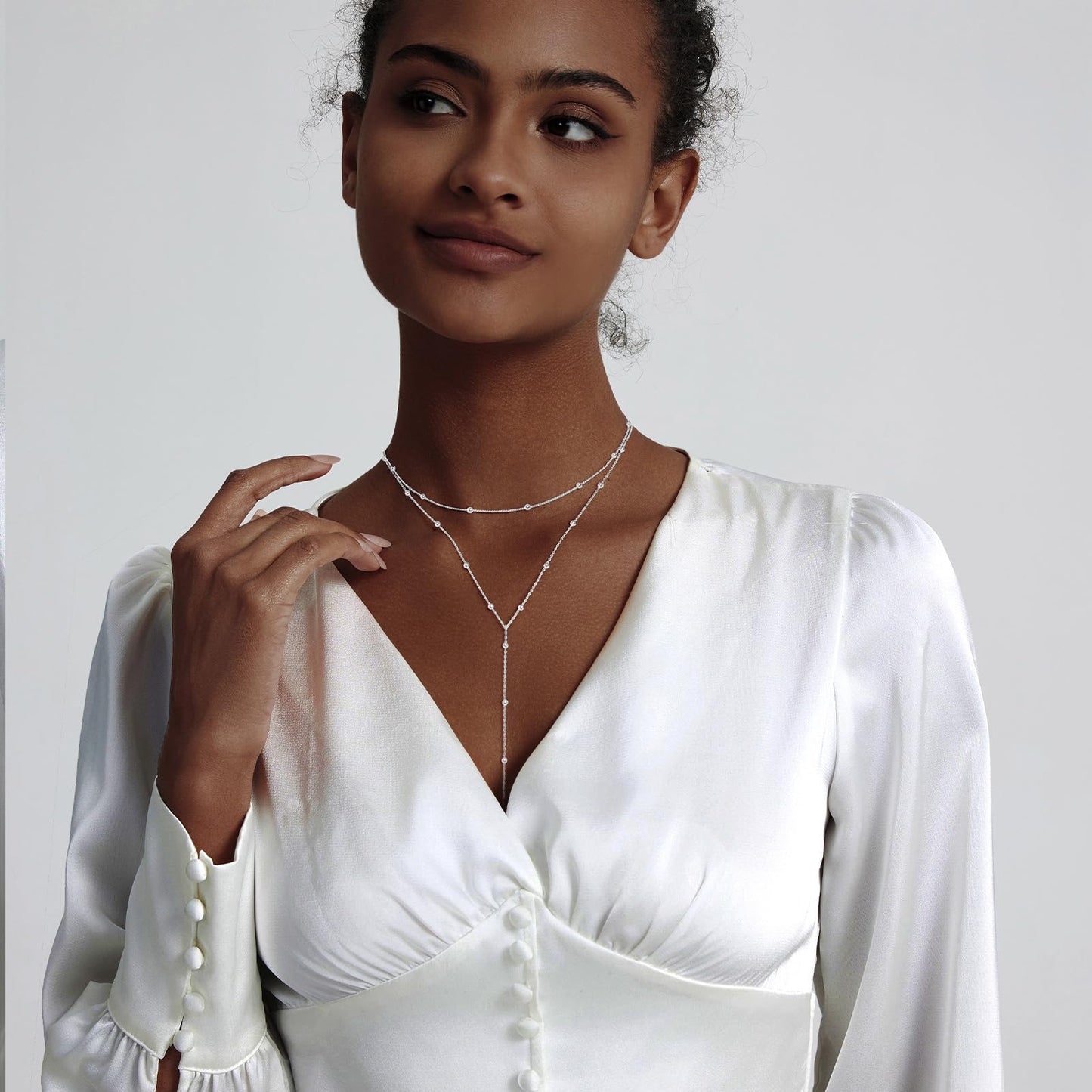 Airmb Silver Necklaces for Women Dainty Long Trendy Y Necklace 925 Silver Plated Lariat Necklaces for Women Trendy Layered Beaded Necklaces Simple Y Necklace Jewelry for Woman