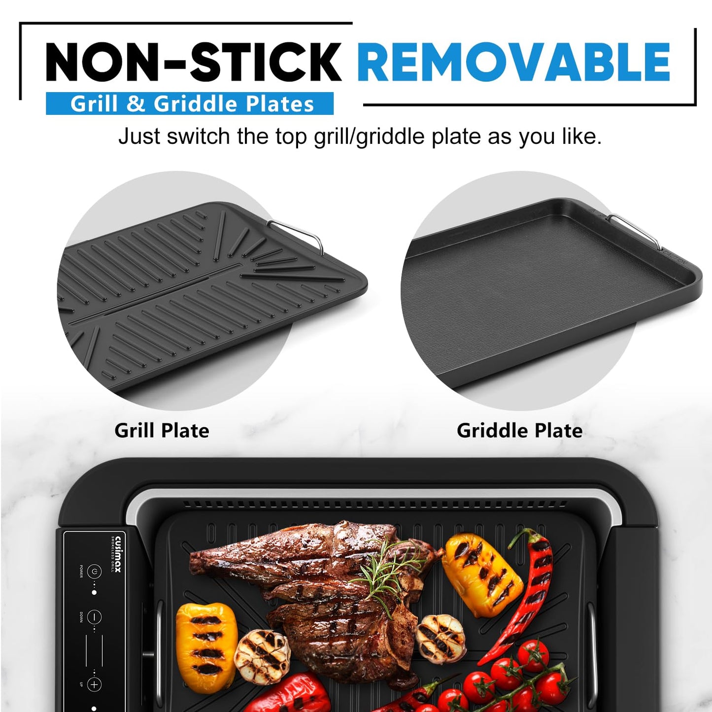 Indoor Grill, CUSIMAX Electric Smokeless Grill & Griddle with REPLACEABLE Smoke Filter Sponge, 1500W Korean BBQ Grill, Smart LED Display, Larger Grilling Area, Black(New Model)