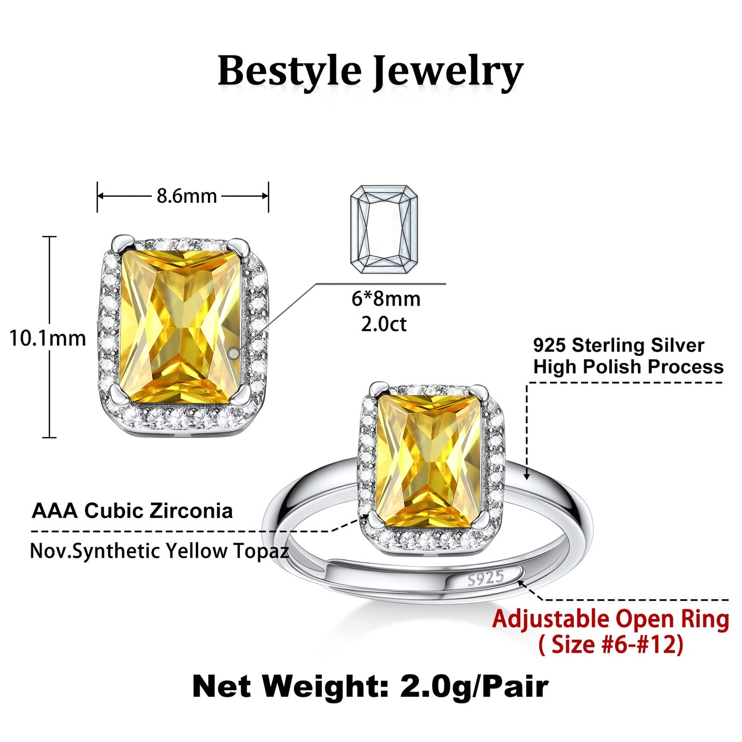 Bestyle S925 Sterling Silver Square Crytsal Rings, Dainty November Critine Crystals Birthstone Rings, Anniversary/Mother’s Day/Birthday Jewelry Gifts for Women Mom/Wife/Sister/Best Friend