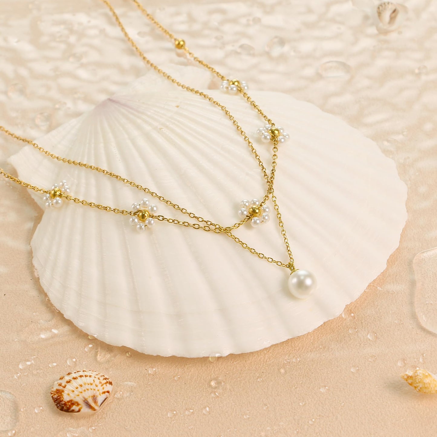 Trinckle Daisy Pearl Necklace, Dainty Daisy Necklace for Women Pressed Flower Jewelry as Prom Gifts, 18K Gold Choker for Women Beach Jewelry Summer Accessories