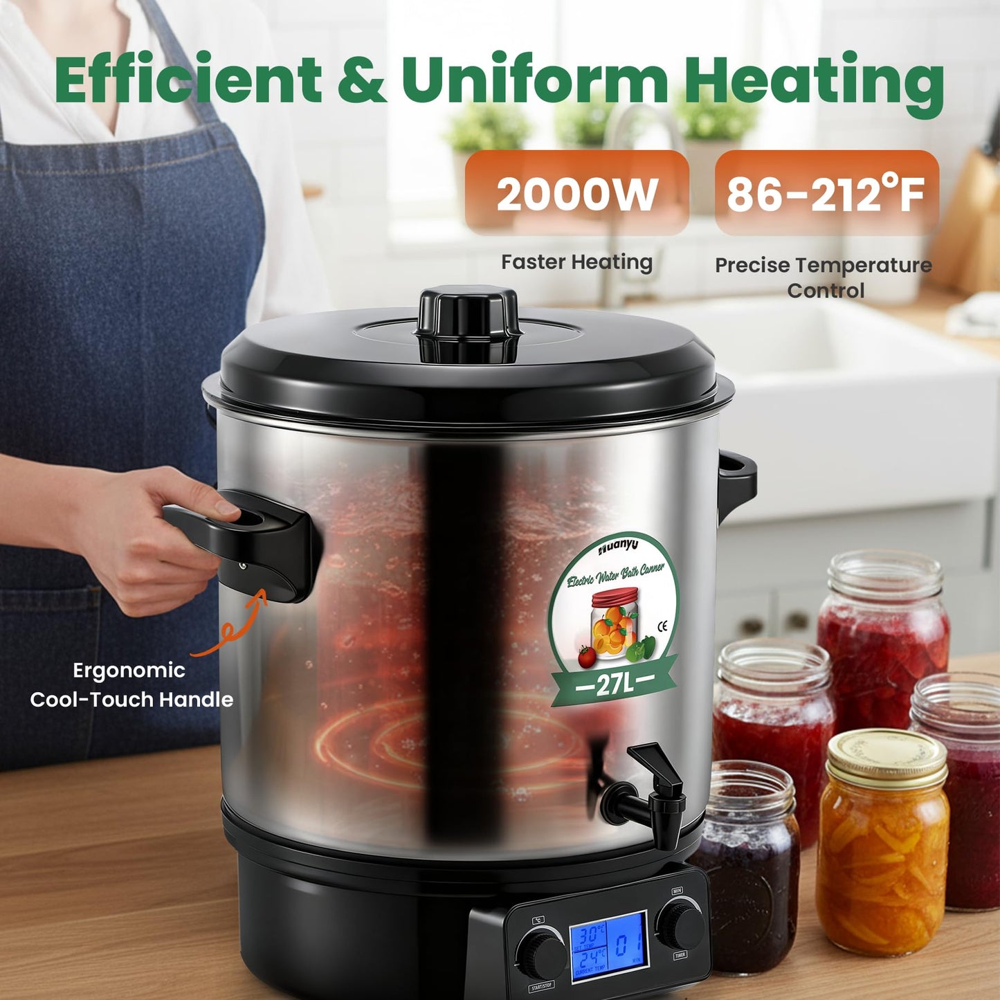 Huanyu Electric Water Bath Canner Automatic 28.5QT Canning Pot 2000w Adjustable Temp&Timer Digital Control with Drain Tap Includes Jar Lifter, Funnel for Preserving Canned Food, Jam, Sauce, Soup