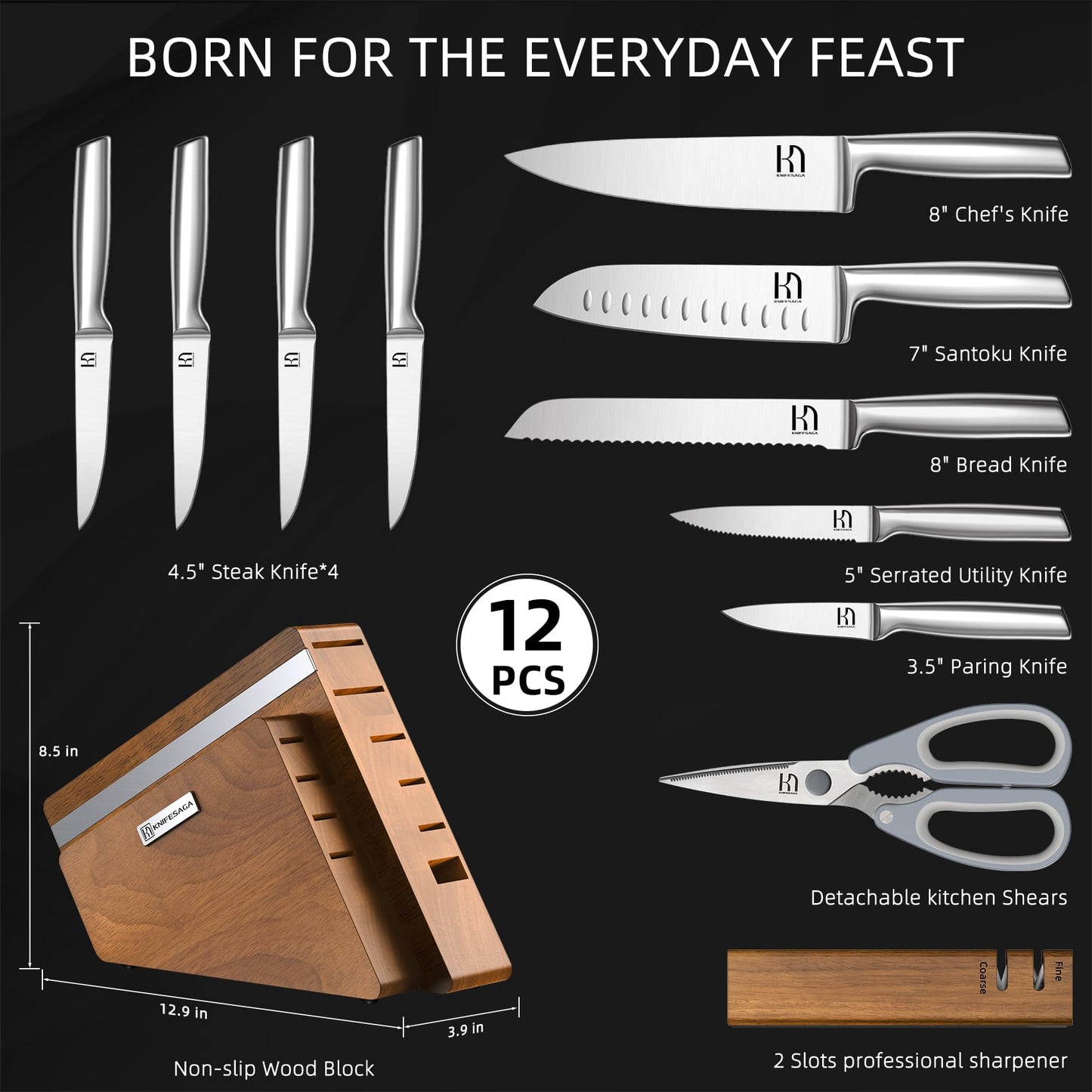 KnifeSaga Kitchen Knife Block Set, 12-Piece with Sharpener | Japanese High Carbon Stainless Steel Knives Set for Kitchen