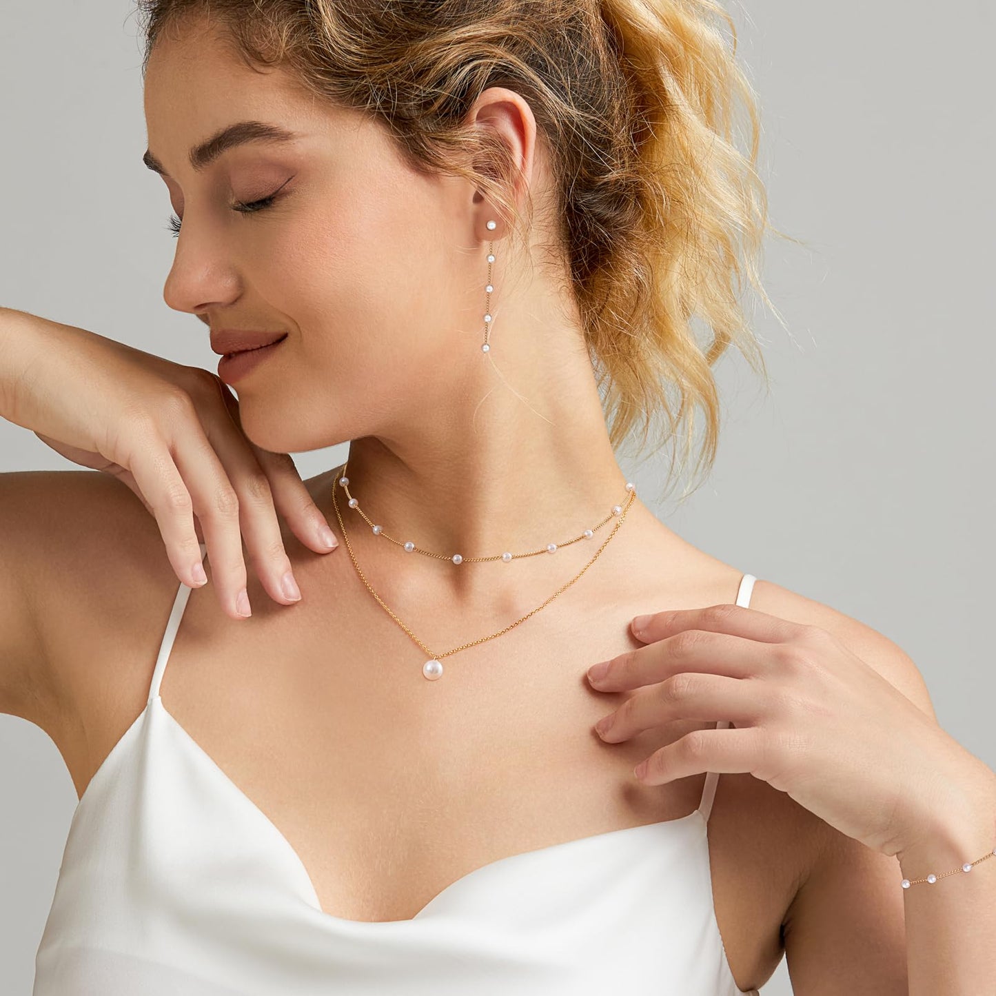 Zeffy Gold Jewelry Set for Women Dainty 14K Gold Plated Pearl Necklace and Earring Set Pearl Drop Earrings Pearls Bracelets Wedding Pearls Jewelry for Brides 4pcs