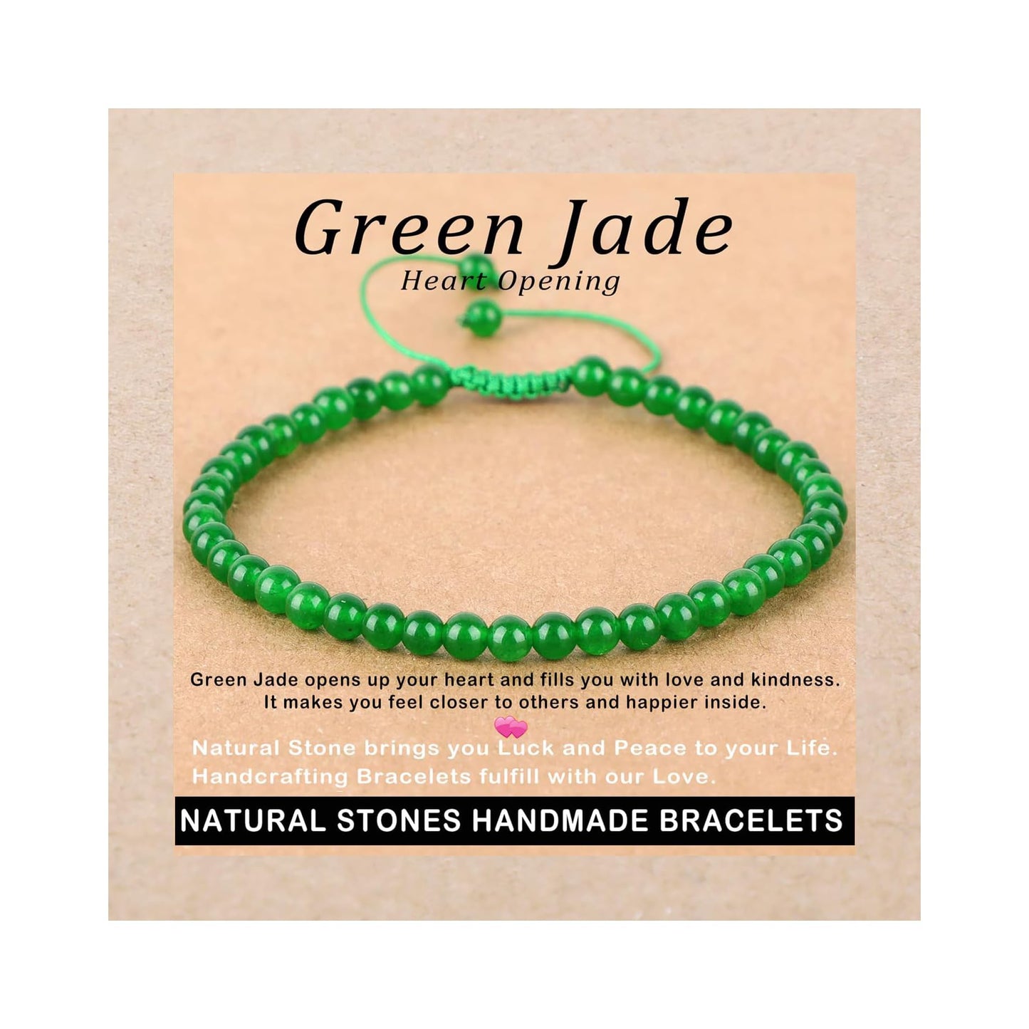 AD Beads 4mm Green Jade Bracelet - Stone of Heart Opening - Handmade Natural Stone Crystal Bracelet with Adjustable Macrame String - Yoga Healing Power Energy Gifts for Men and Women