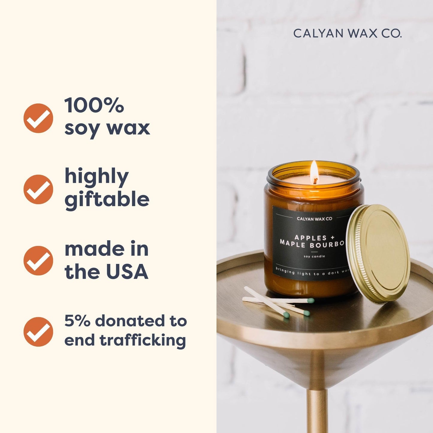Calyan Wax Co. Smoke & Leather Scented Candle - 57 Hour Burn - Luxury Clean Soy Wax Candles - Long Lasting Amber Glass Jar Candle for Home - 7.2oz