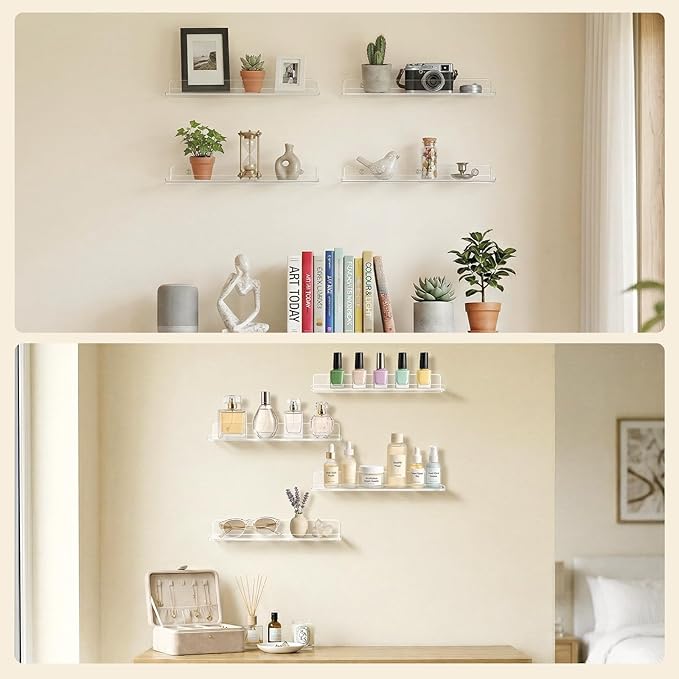 Lifewit Floating Shelves for Bathroom, Acrylic Wall Organizer for Perfume, Makeup, Figures, Nail Polish, Photo, Book, 14" Decor Display Rack for Nursery, Living Room, Bedroom, Kitchen, Clear, 12 Pack