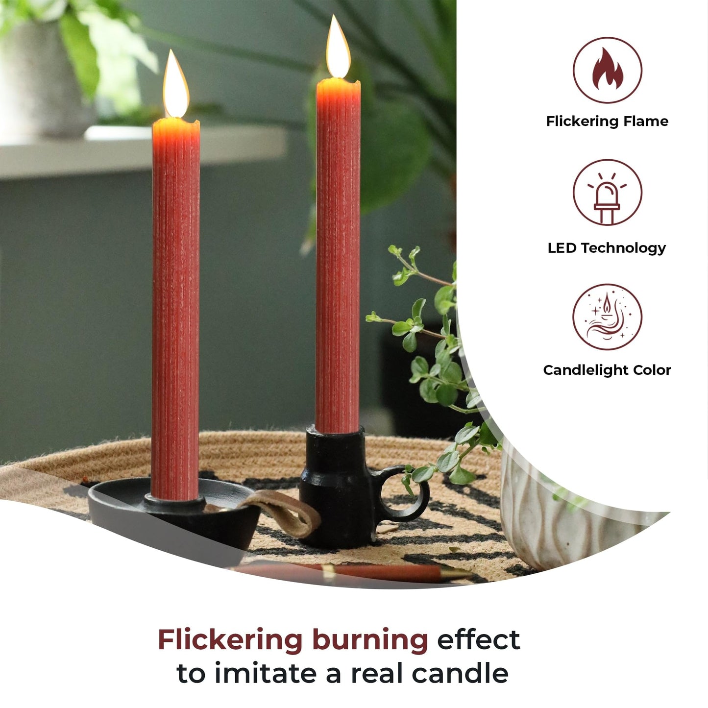 comforder Flameless Taper Candles – Flickering LED Flame with 6H Timer – Real Wax, Ribbed Design – Battery Operated Set of 2 – 10" Tall (Burgundy Red)"