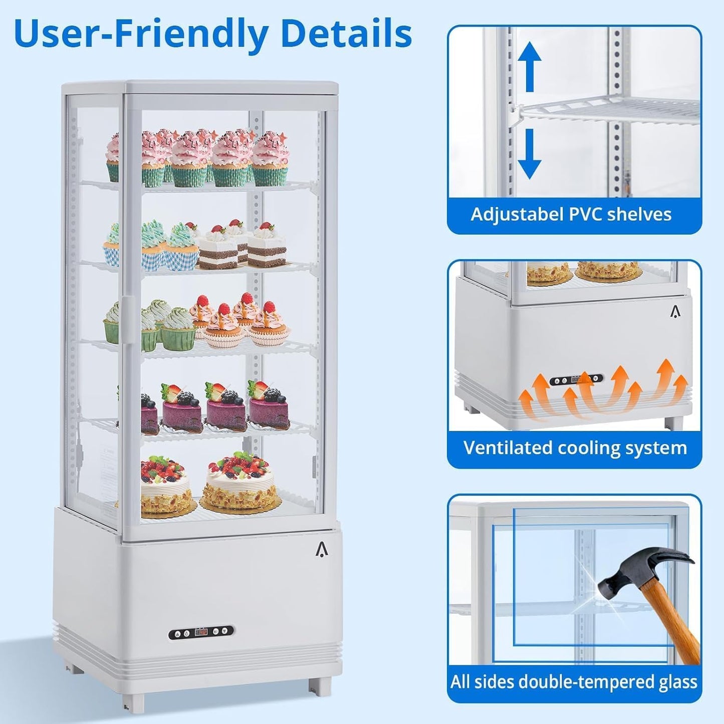 Commercial Display Refrigerator, 3.5 cu. ft./98 Liter Countertop Refrigerated Cake Display Cabinet, Refrigerator with Adjustable Shelves and Digital Controls, LED Display, For Cafes, Bakeries, White