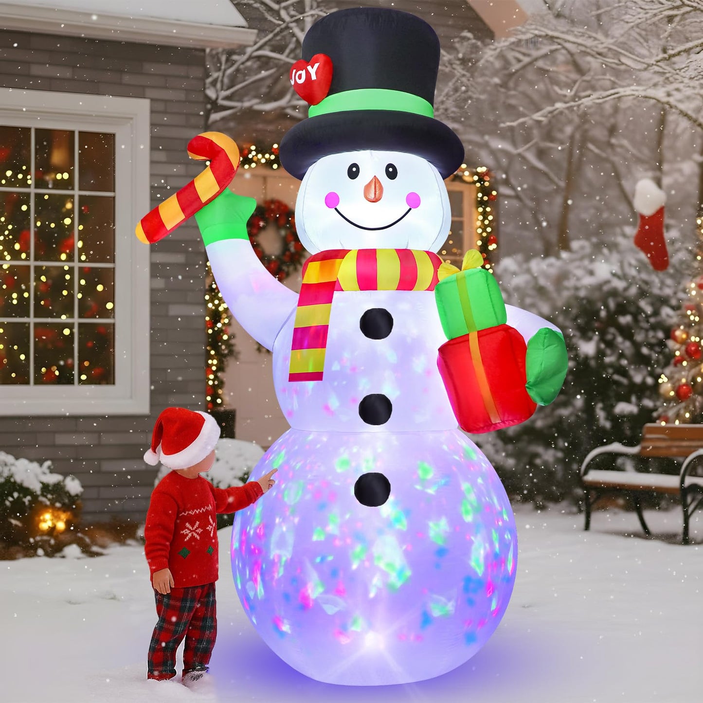 FunFanso 7 FT Christmas Inflatable Snowman Outdoor Decoration, Giant Blow up Snowman Holds Candy and Gift Boxes, Built-in Rotating Colourful Lights for Yard, Garden, Patio, Lawn Xmas Holiday Decor