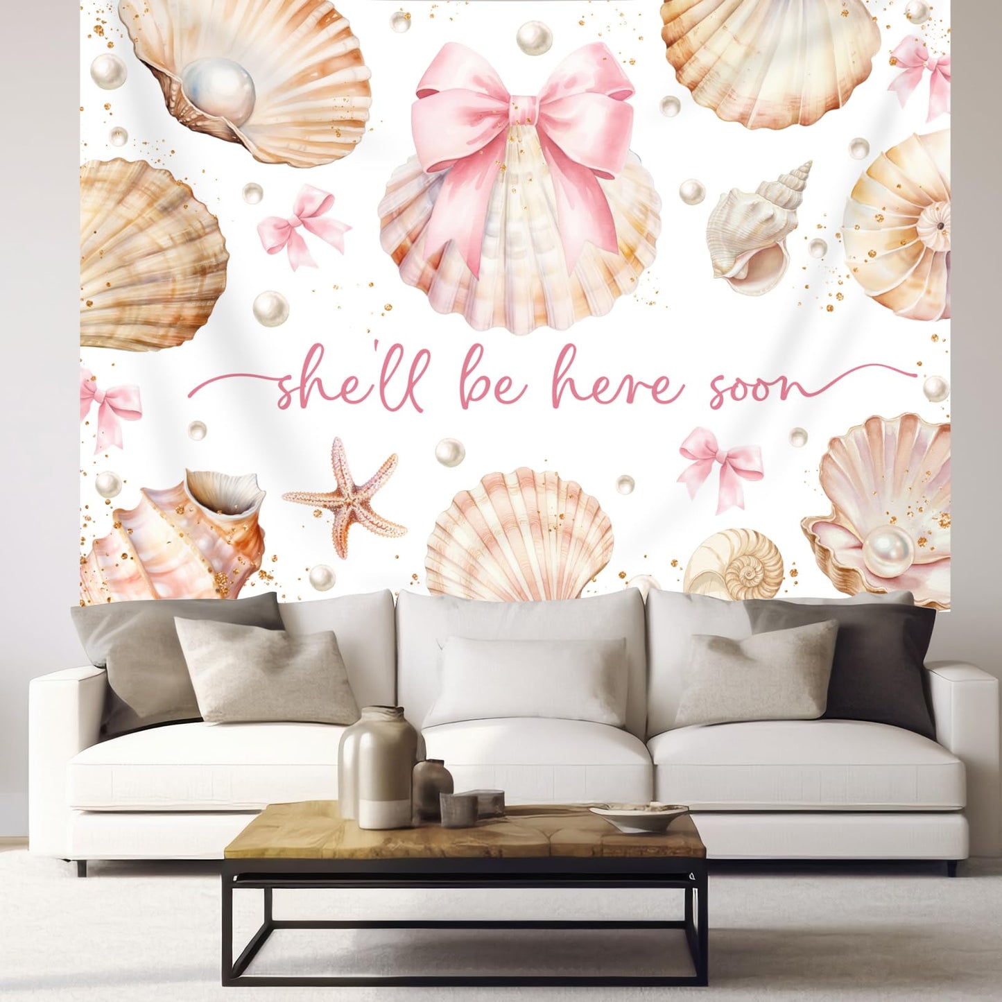 Bcuuipo Shell Themed Baby Shower Backdrop She'll Be Here Soon Pink Bowknot Pearl Seashell Photography Background for Girls Newborn Baby Shower Party Decoration Supplies Banner Photo Booth Props 7x5ft
