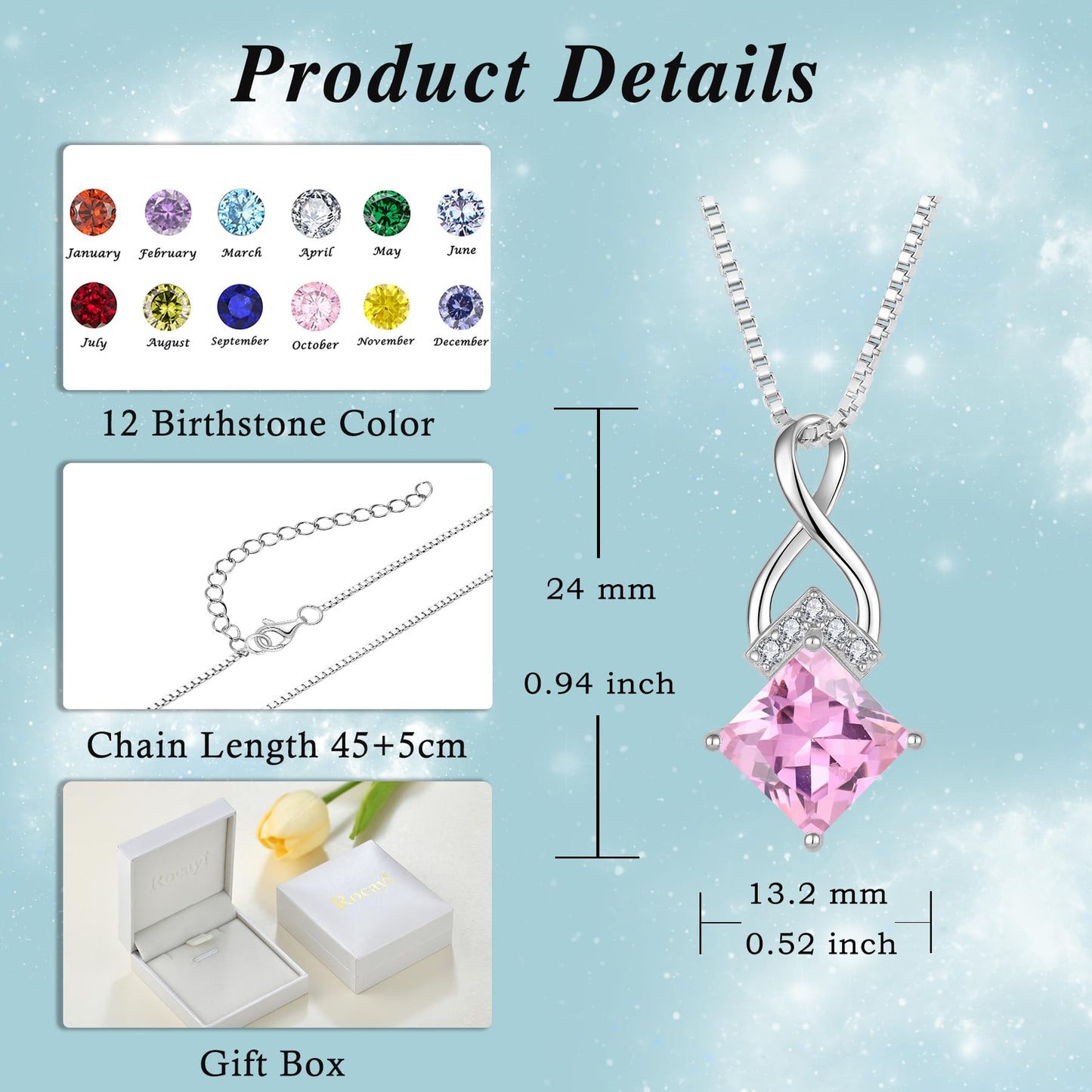 Rocayi Pink Tourmaline Jewelry Set 925 Sterling Silver Infinity Princess Cut Necklace and Earrings Set October Birthstone Jewelry for Women