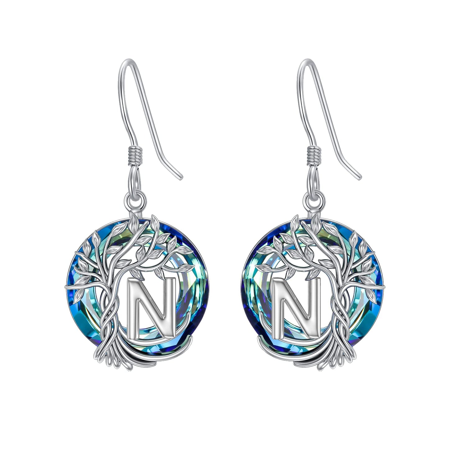 TOUPOP Tree of Life Initial Earrings Sterling Silver Initial N Letter Drop Dangle Earrings Blue Circle Crystal Family Tree Jewelry Birthday Mothers Day Gifts for Women Mom Her