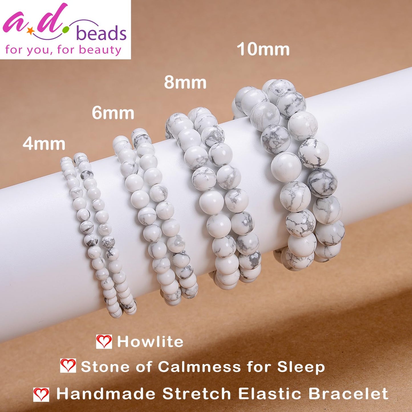 AD Beads Handmade Gemstone Stretch Elastic Bracelet Crystal Healing Reiki Nature's Beauty and Spiritual Essence Unisex (10mm, Howlite (Calmness for Sleep))
