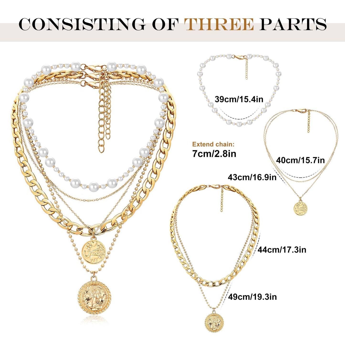 MJartoria Gold Layered Necklaces for Women Trendy Retro Coin Pendant Necklace Dainty Chunky Chain Choker Necklaces for Jewelry Birthday Gifts (Pearl-3PCS, Gold)
