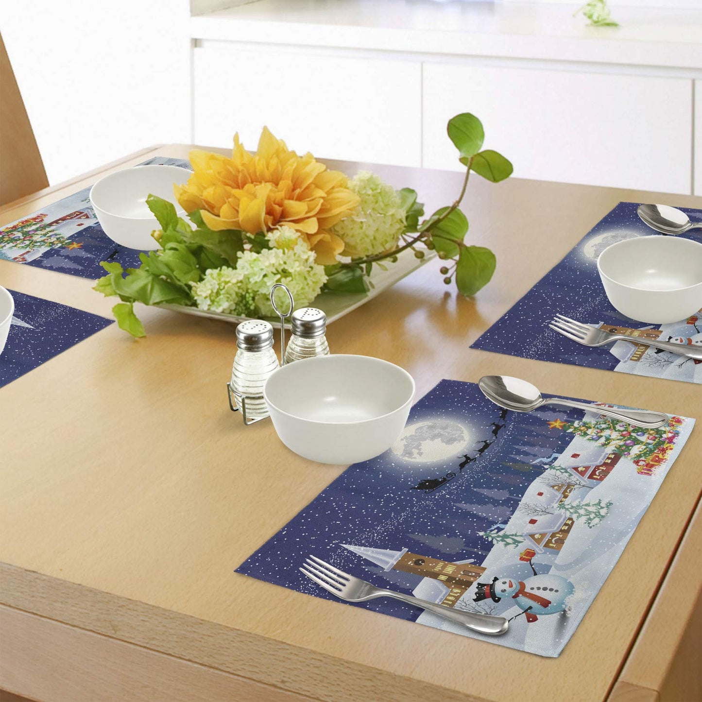 Ambesonne Christmas Place Mats Set of 4, Winter Season Snowman Xmas Tree Santa Sleigh Moon Present Boxes Snow and Stars, Washable Fabric Placemats for Dining Table, Standard Size, White Blue