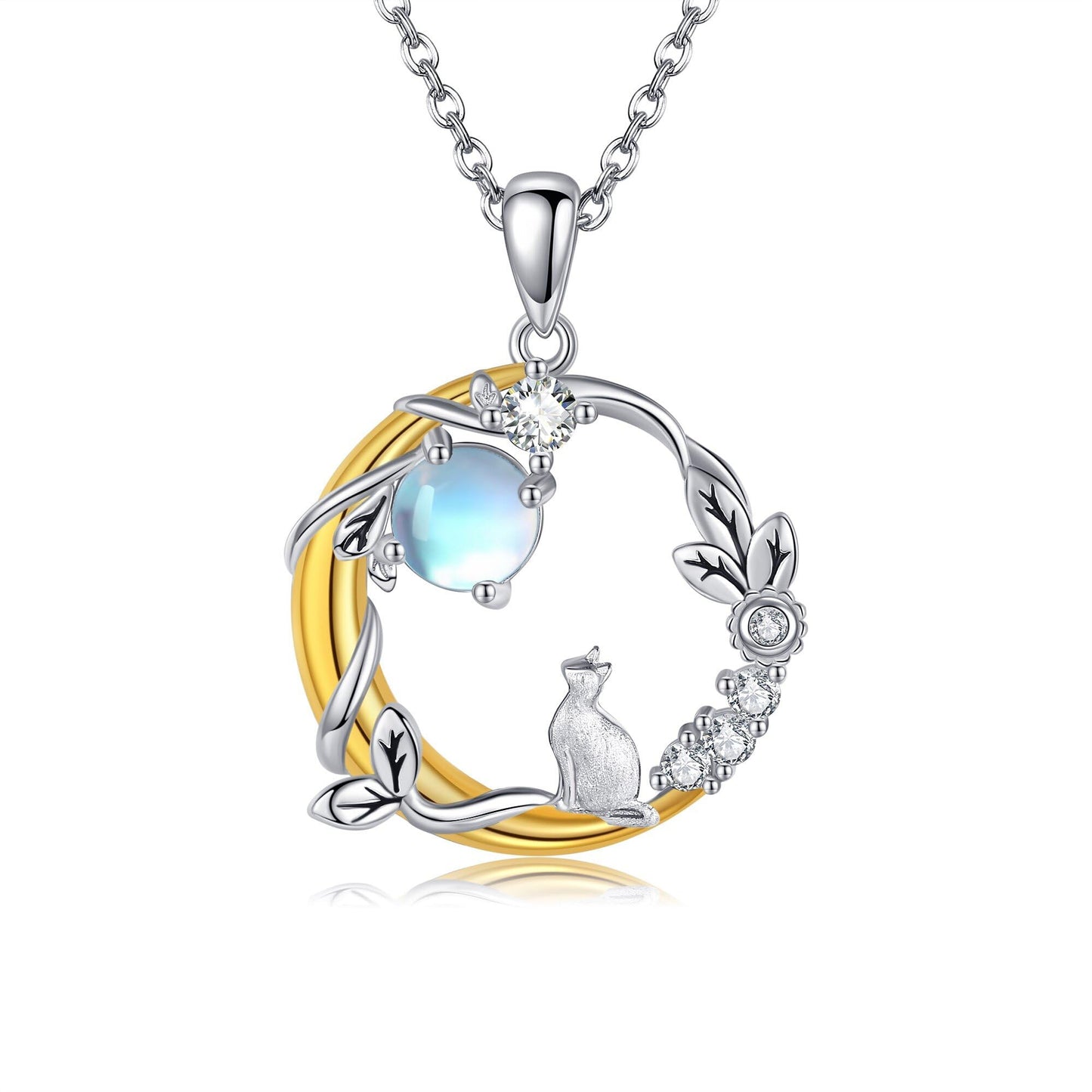 YAFEINI Cat Necklace 925 Sterling Silver Moonstone Moon and Cat Pendant Christmas Mother's Day Jewelry for Women Mom