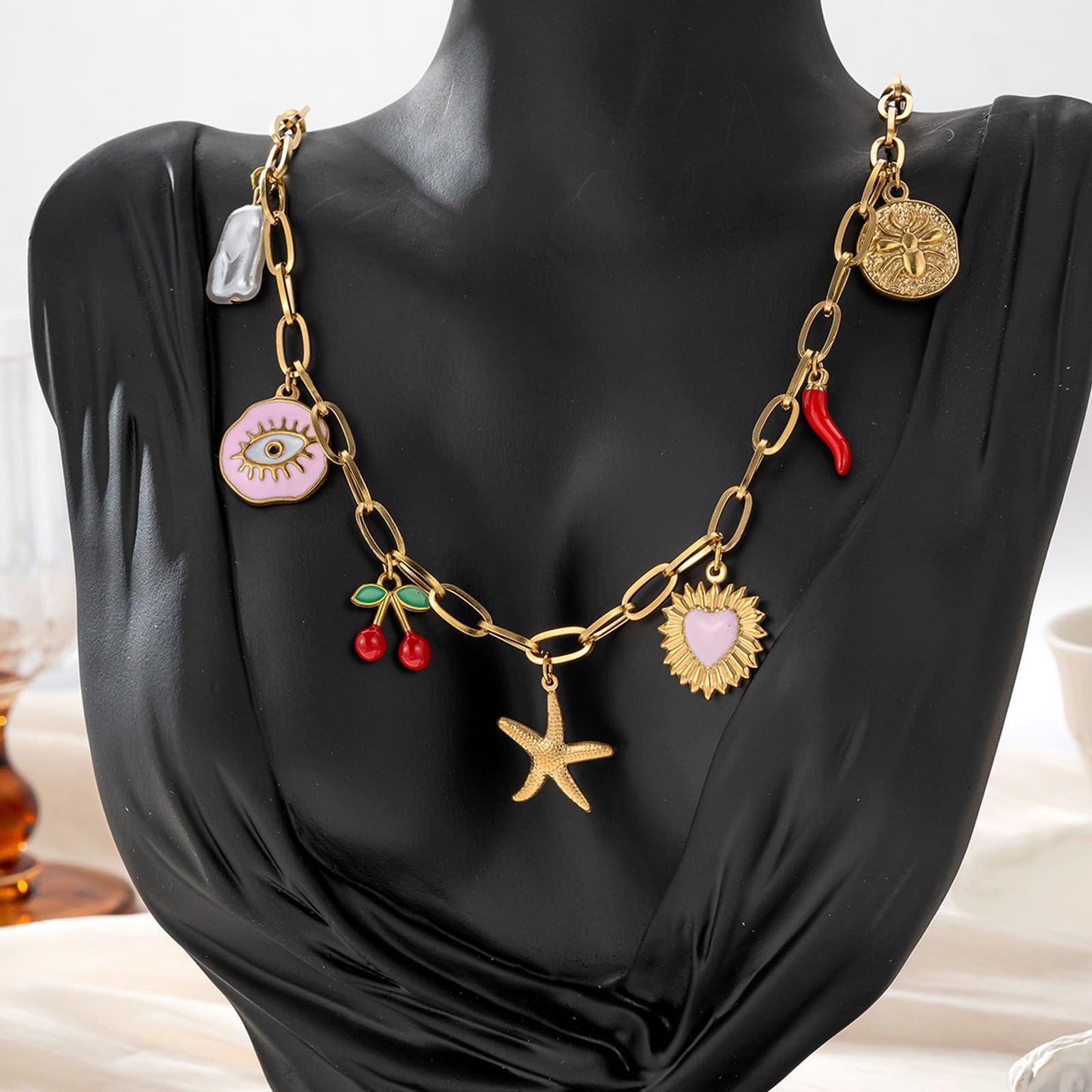Trendy Stainless Steel Gold Plated Charm Necklace with Heart Pearl Pepper Conch Ceramic Pendant Necklace for Women Collares Chokers Jewelry (Star)