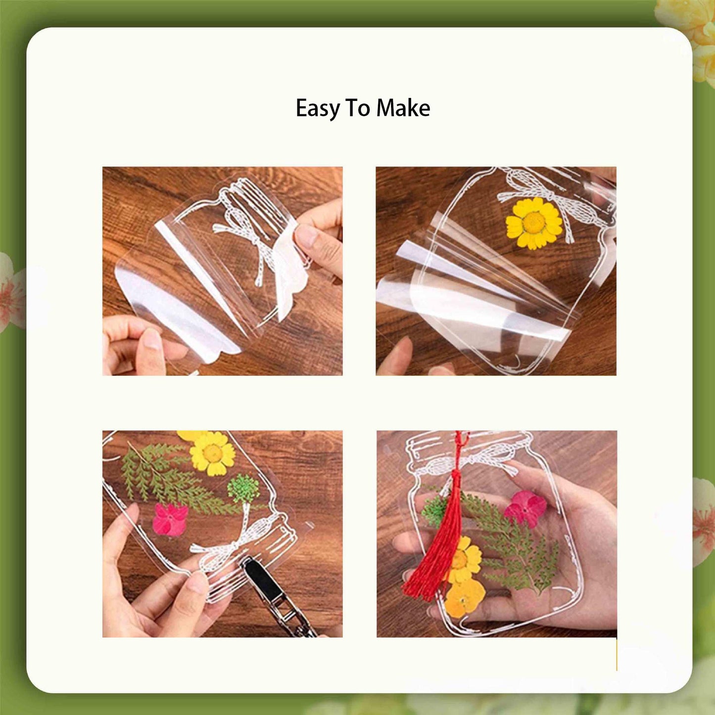 LiveOnce 60pcs DIY Dried Flower Bookmarks - Transparent PET Bookmark Kits with Tassels, Clear Sticky Sheets for Pressed Flowers, Leaves, Nature Craft, Gifts (10.5x7.5cm)