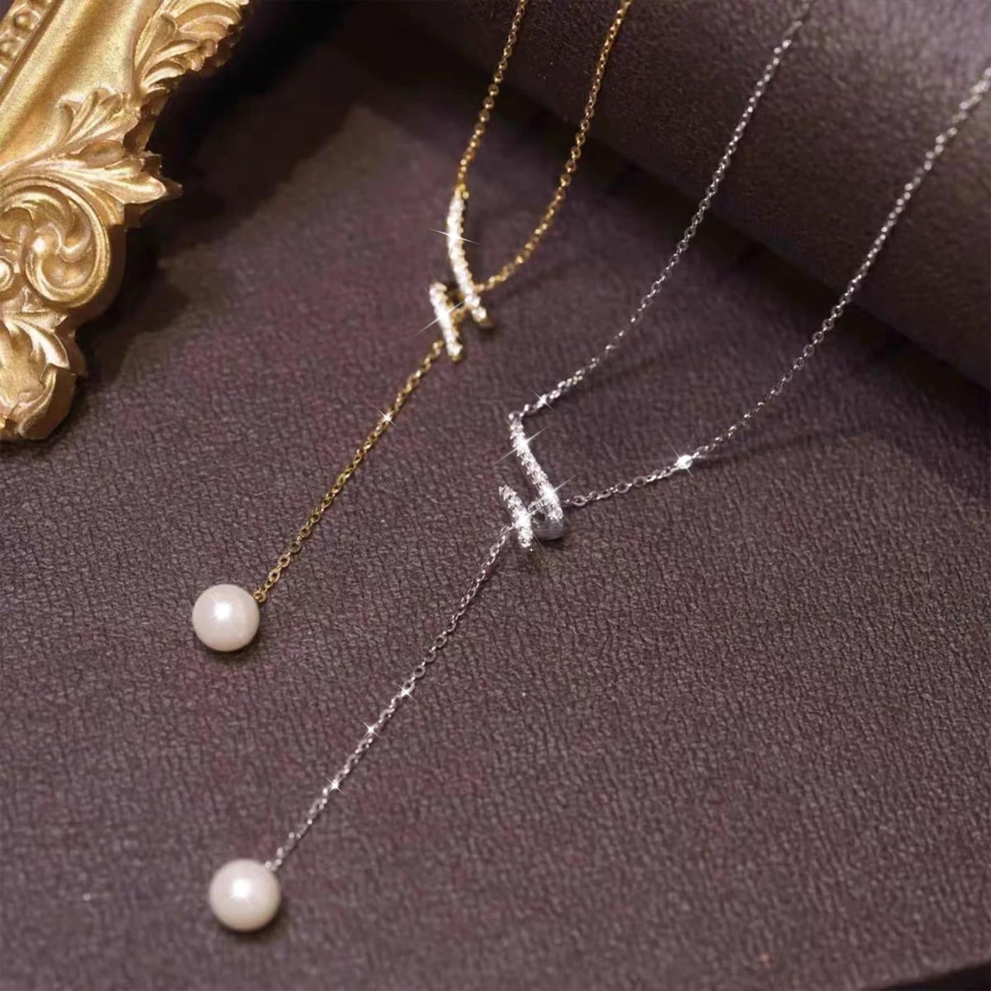 UTISUVIKO Lariat Necklace for Women,Dainty Long 14K Gold Plated Y-Shaped Pearl Necklace 925 Sterling Silver Cubic Zirconia Crystal Ball Sparkle Necklace for Mother Daughter Wedding Mother's Day Jewelry