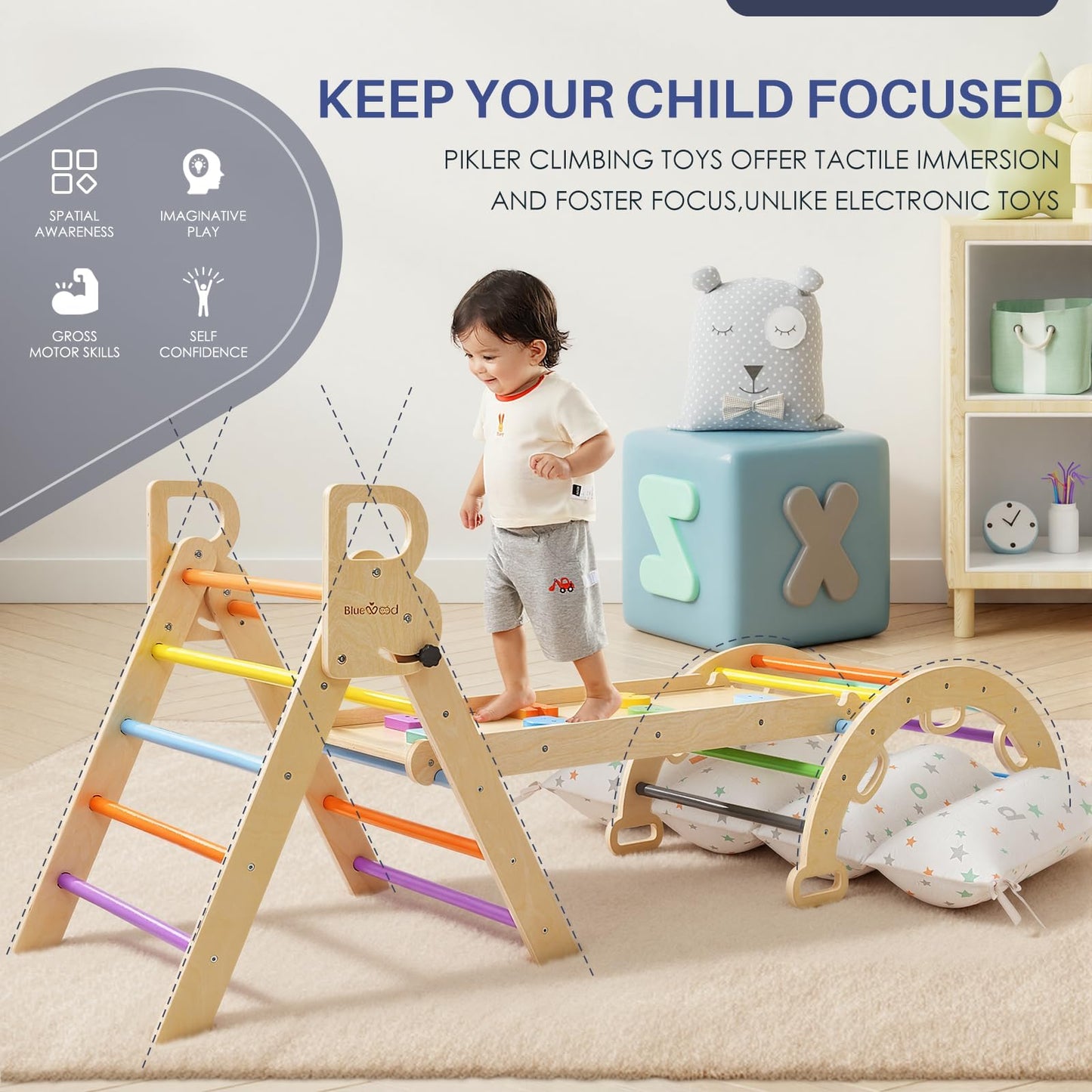 BlueWood Pikler Triangle Set with Cushion, 8-in-1 Foldable Wooden Toddler Climbing Toys Indoor Playground Jungle Gym Montessori Philosophy Climber for 2-6 Years Old, Baby, Kids (Rainbow)