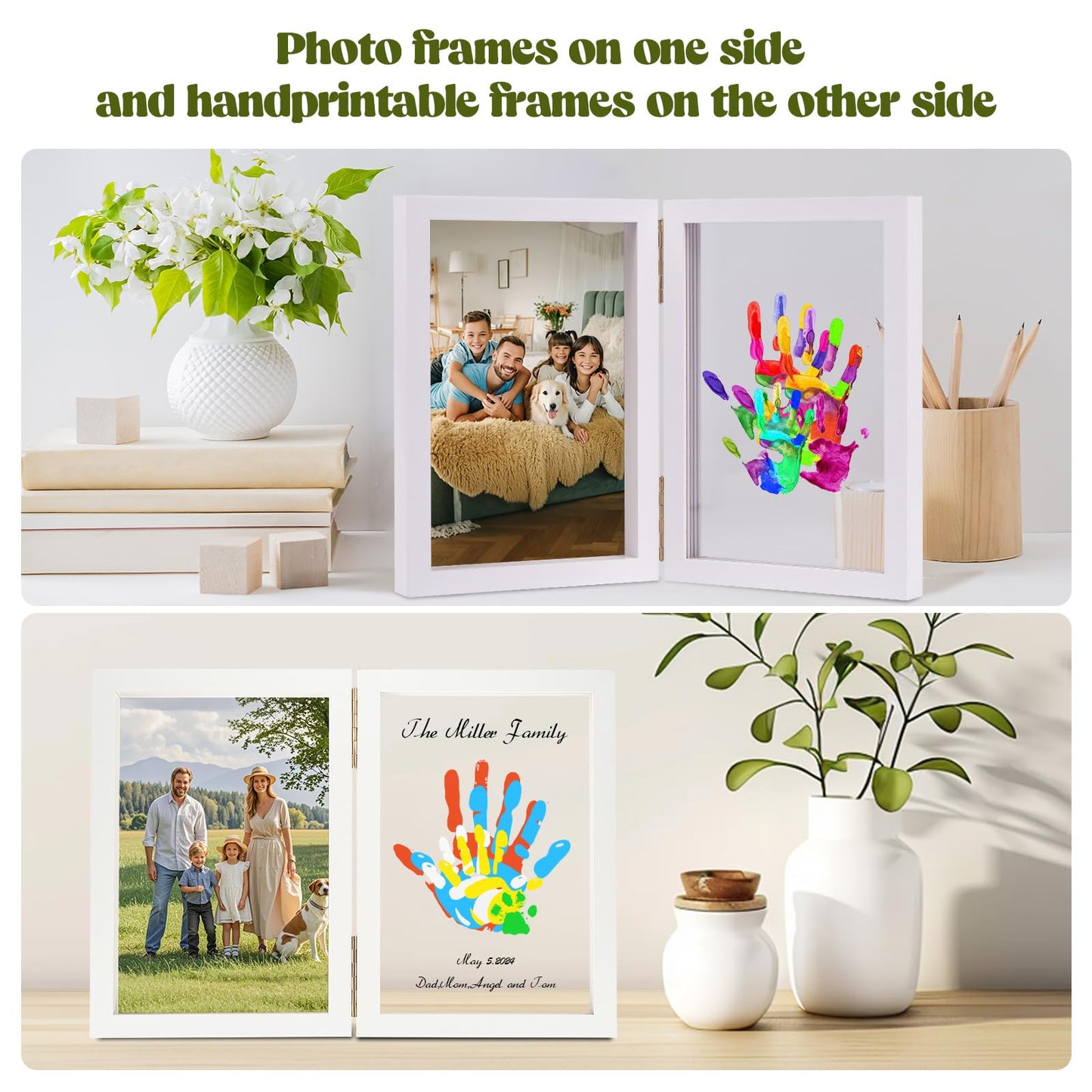 Family Handprint Kit, DIY Baby Hand and Footprint Handmade Keepsake Wooden Frame, Family Gifts with 5 Non-Toxic Baby-Safe Paint, Ideas Gift for New Parents, Grandparents, Father's Day, Mother's Day