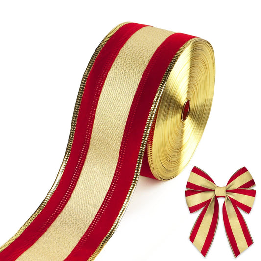 ABTOLS 25 Yards Christmas Ribbons 2.5", Red Gold Stripe Wired Edge Burlap Ribbon Champagne Ribbons for Xmas Farmhouse Decor New Year DIY Crafts Wreaths Bow